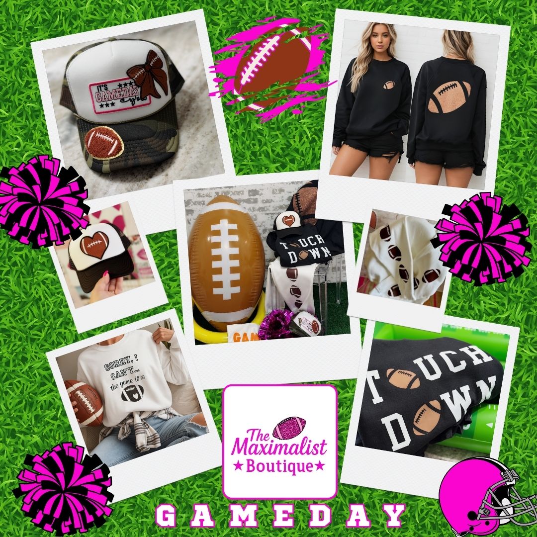 Collage of football-themed merchandise with 'The Maximalist Boutique' branding on a grass background.
