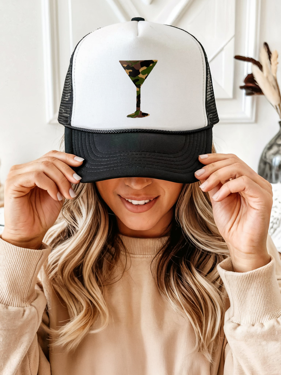 Camo Cocktails Trucker Hat – Black and White Trucker Hat with Camouflage Cocktail Graphic