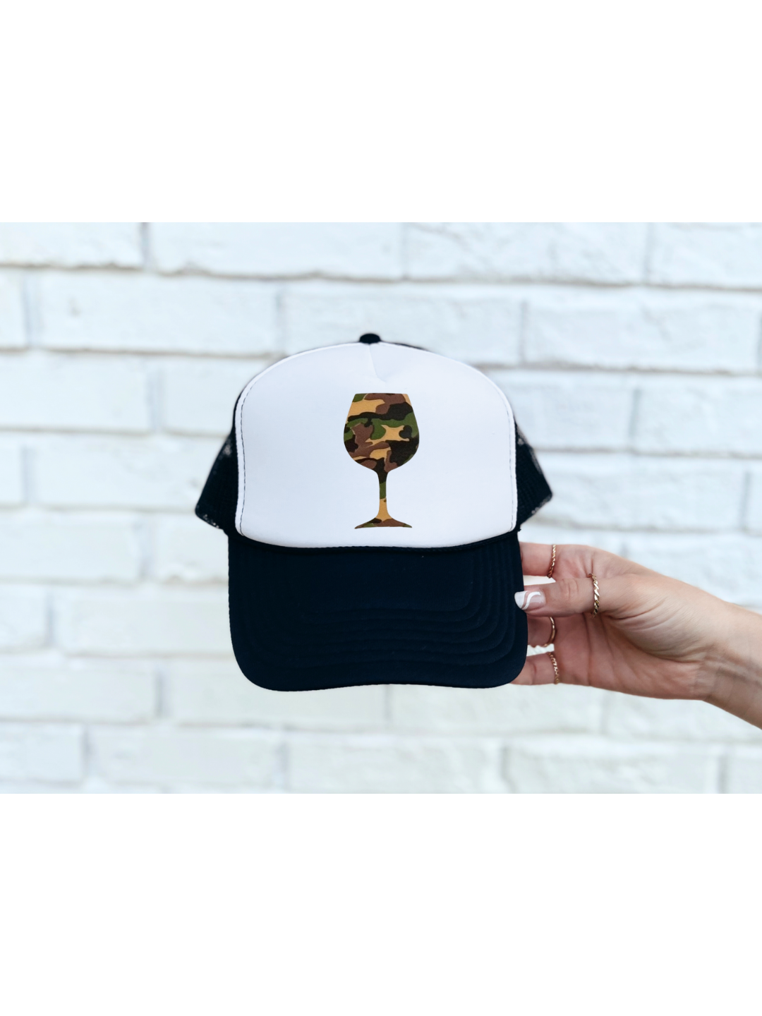 Camo Cocktails Trucker Hat – Black and White Trucker Hat with Camouflage Cocktail Graphic