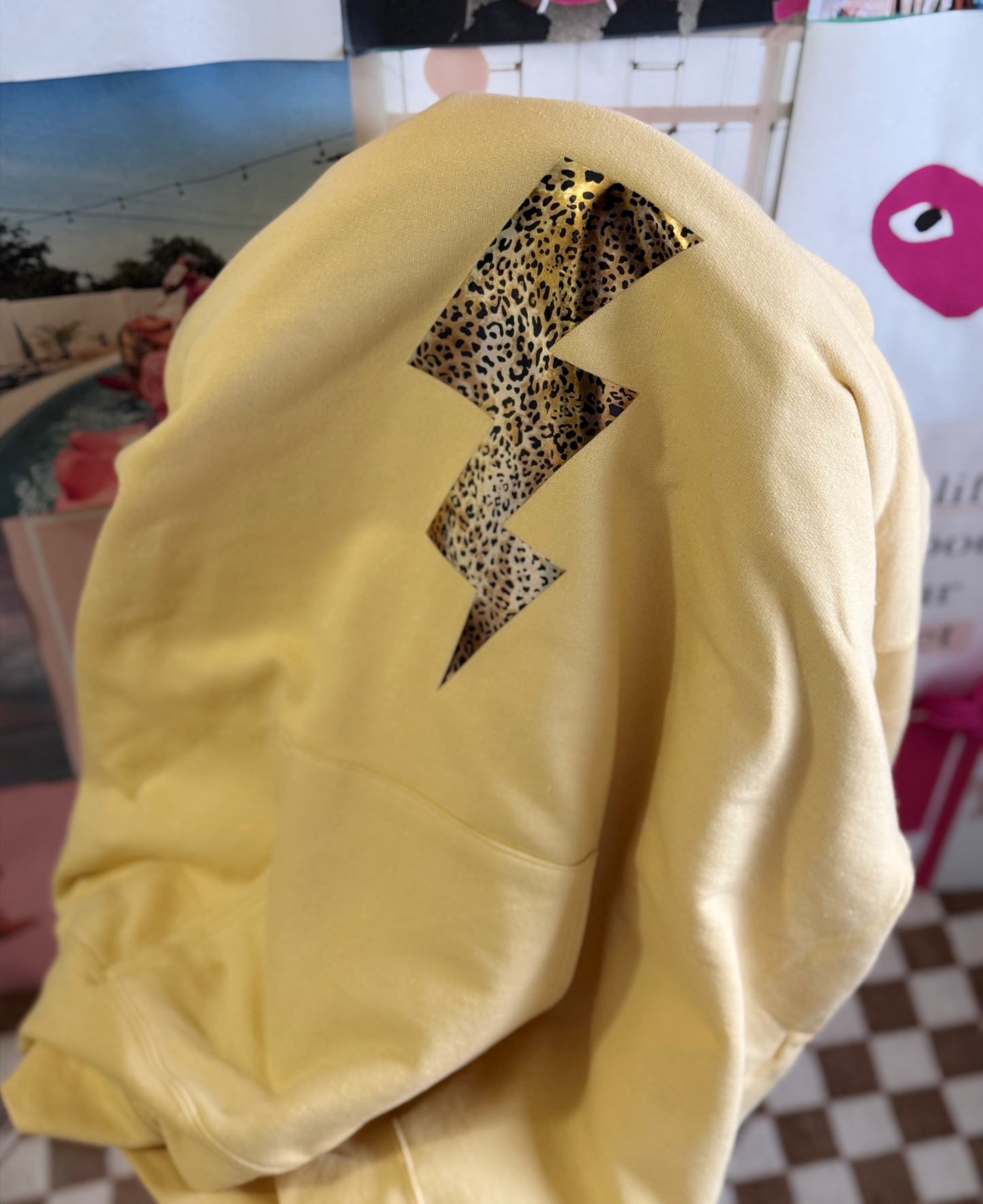 Electric Wild Hoodie – Buttercup Yellow with Leopard Print Lightning Bolt Graphic