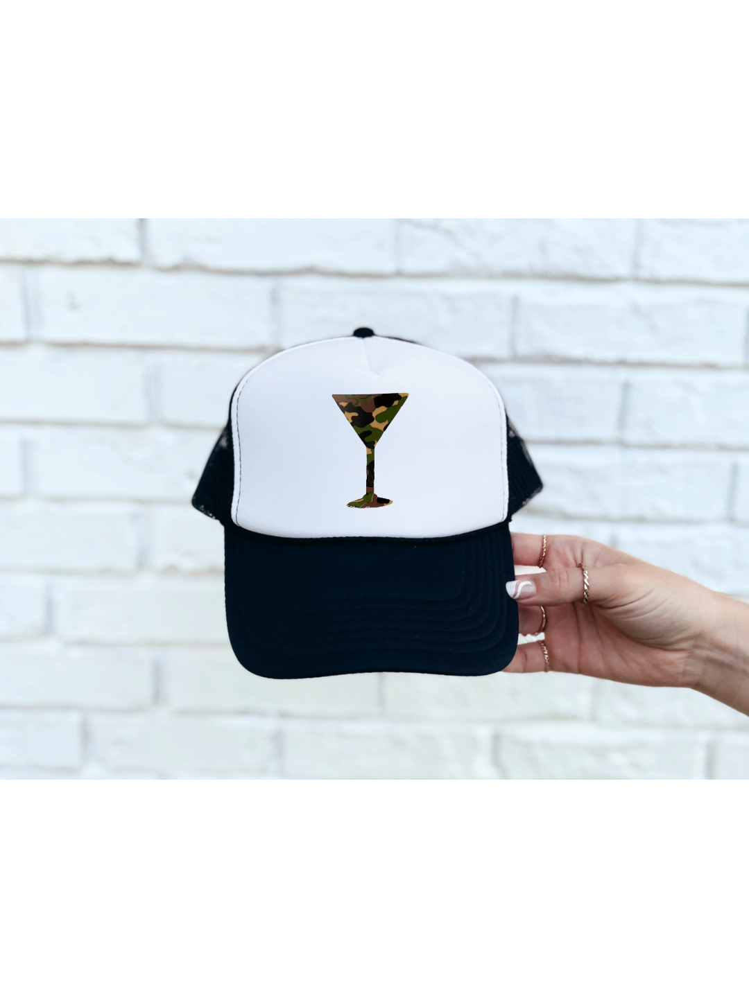 Camo Cocktails Trucker Hat – Black and White Trucker Hat with Camouflage Cocktail Graphic
