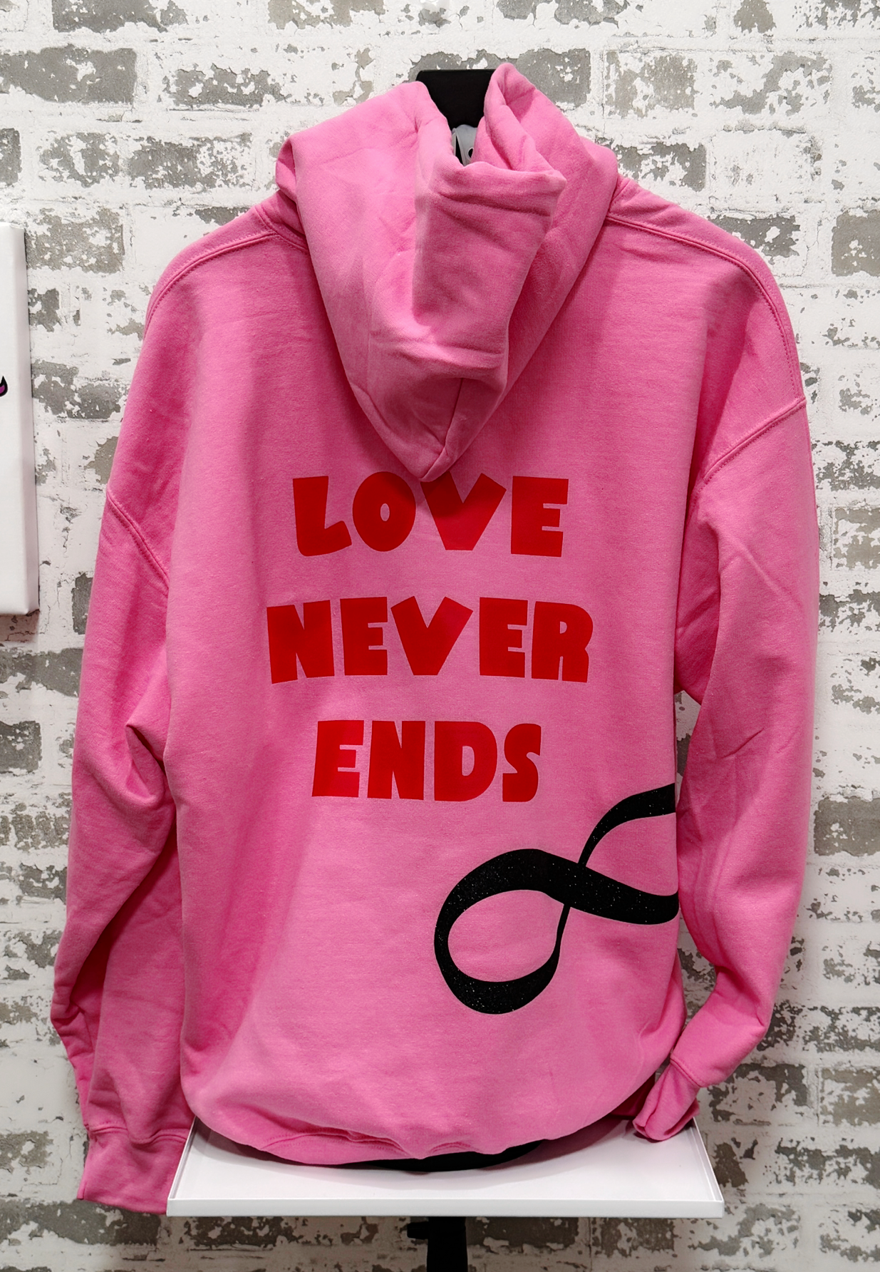 Endless Love Hoodie – Pink Pullover with “Love Never Ends” & Glitter Infinity Symbol