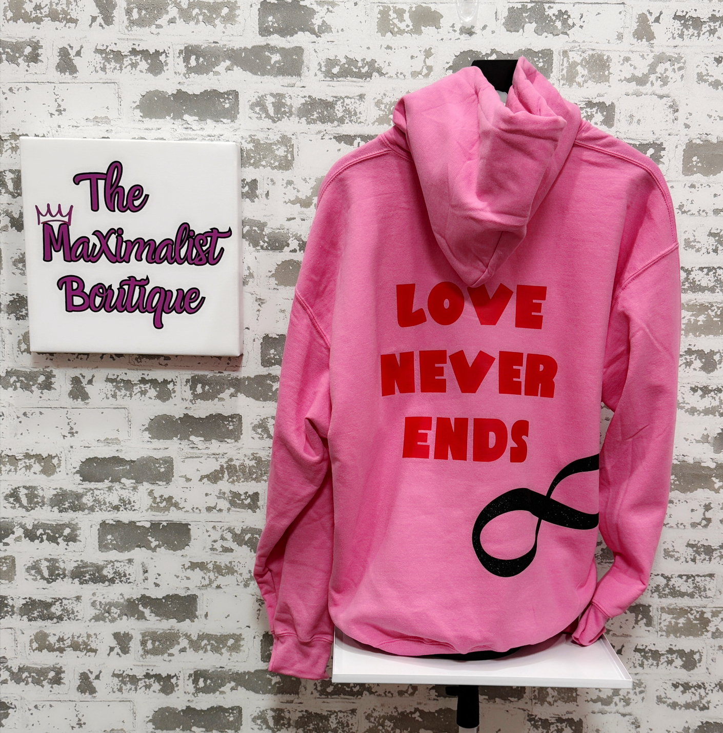 Endless Love Hoodie – Pink Pullover with “Love Never Ends” & Glitter Infinity Symbol