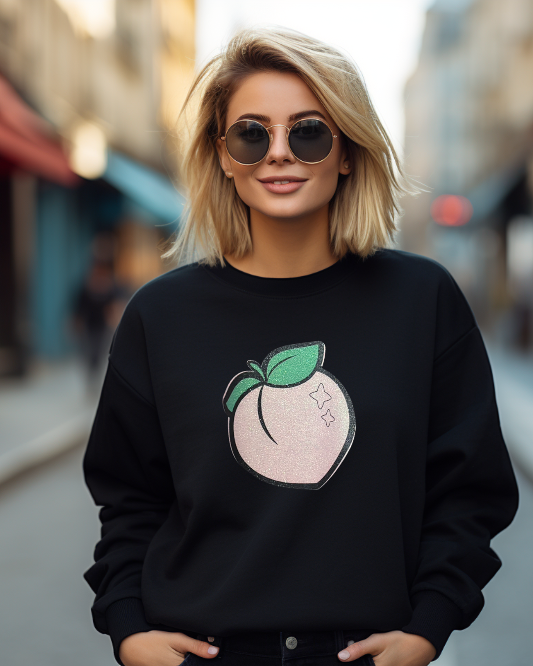 Black Sweatshirt with Glittery Peach Graphic – Sweet, Bold & Chic Sparkle Style on model