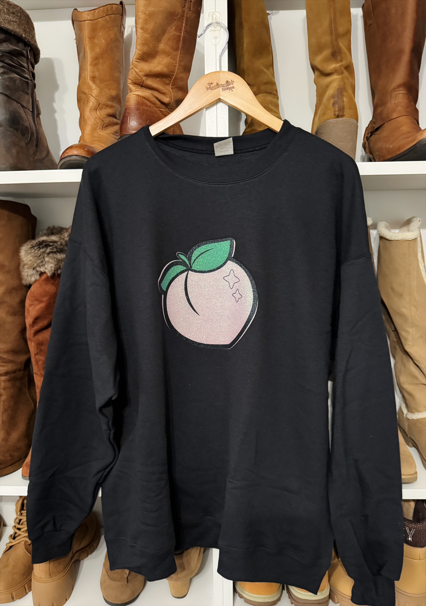 Black Sweatshirt with Glittery Peach Graphic – Sweet, Bold & Chic Sparkle Style