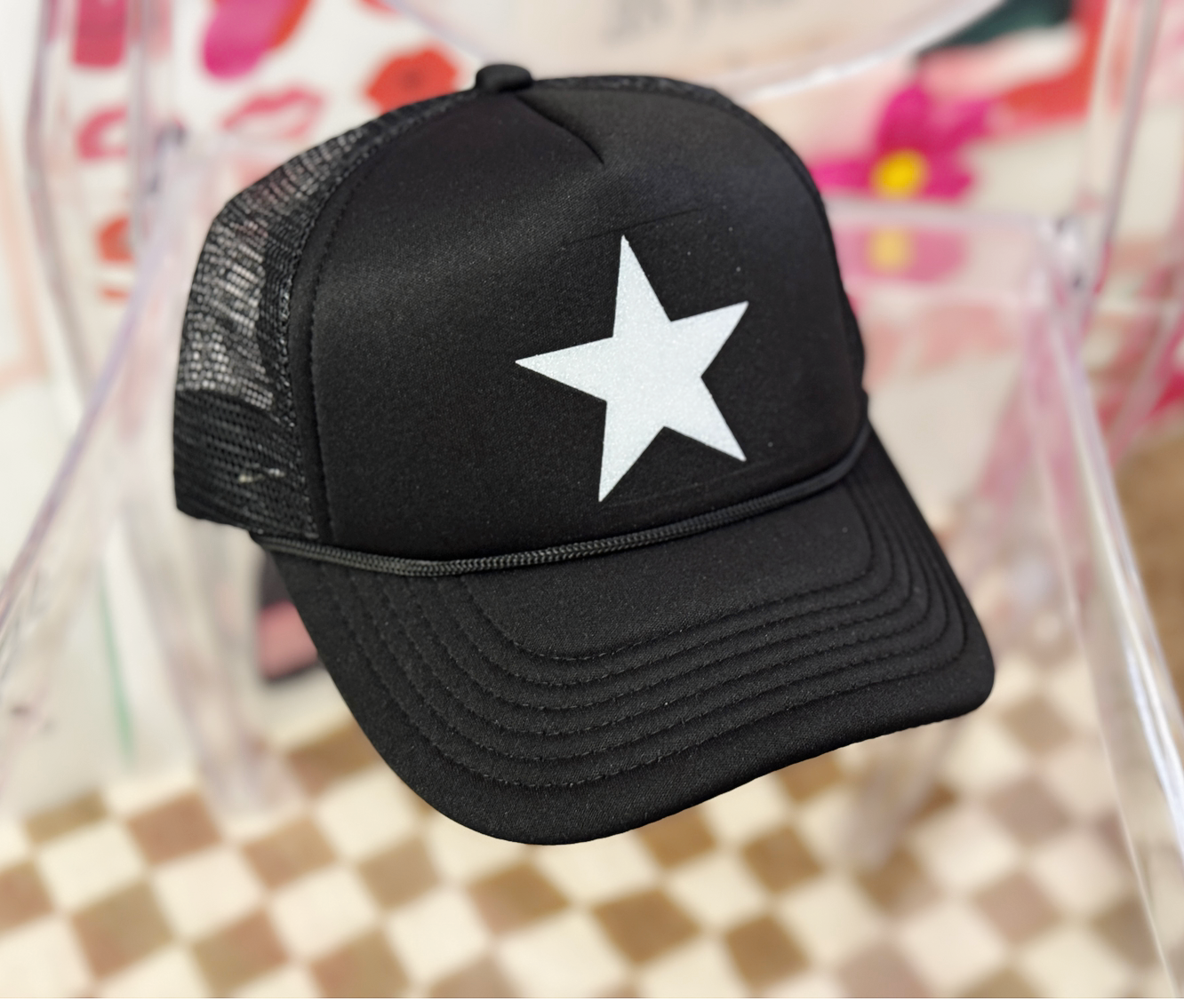 Black Trucker Hat – White Glitter Star Graphic for Sleek, Cosmic Style
