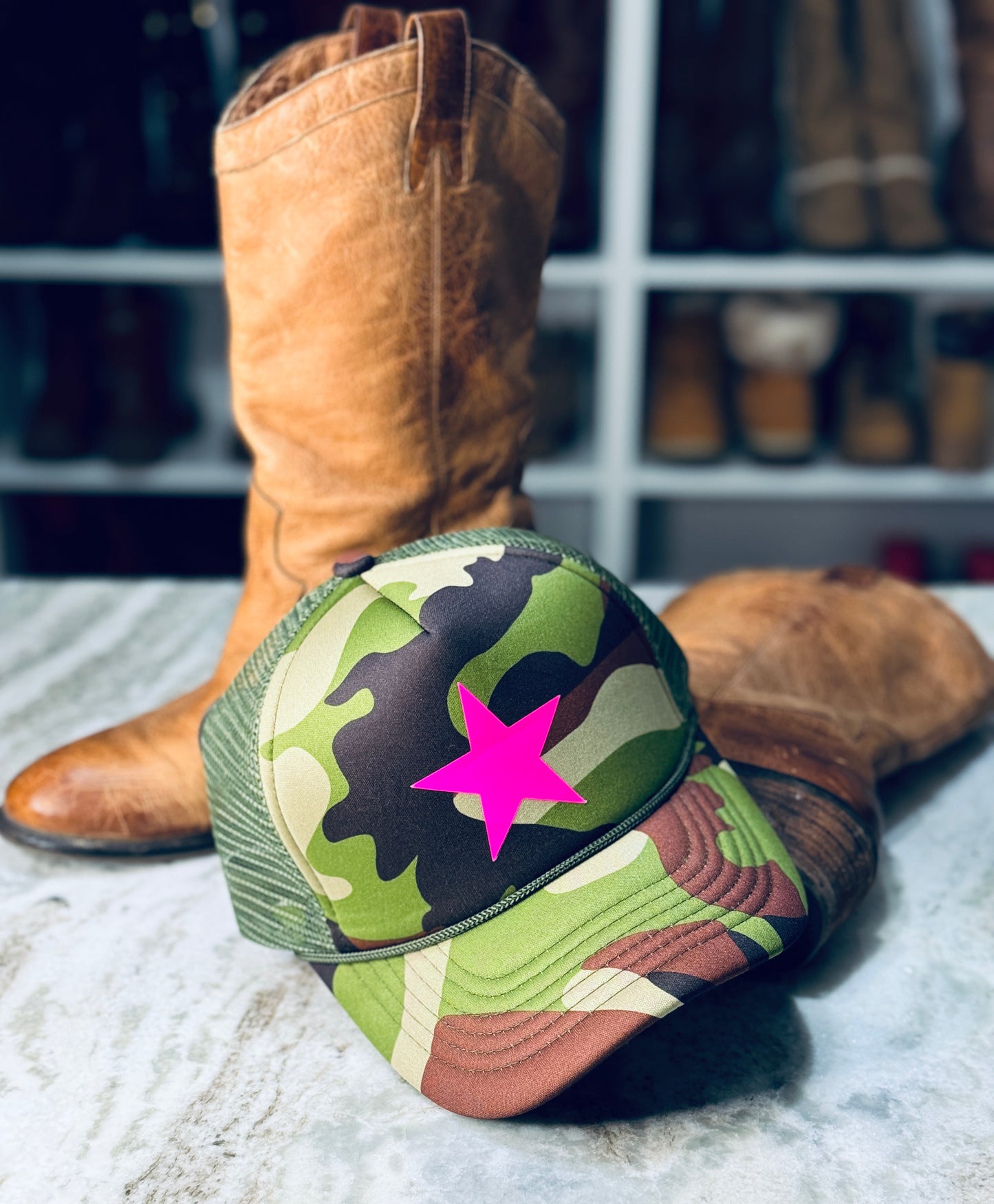 Bold & Bright | Camo Trucker Hat with Neon Pink Star Graphic