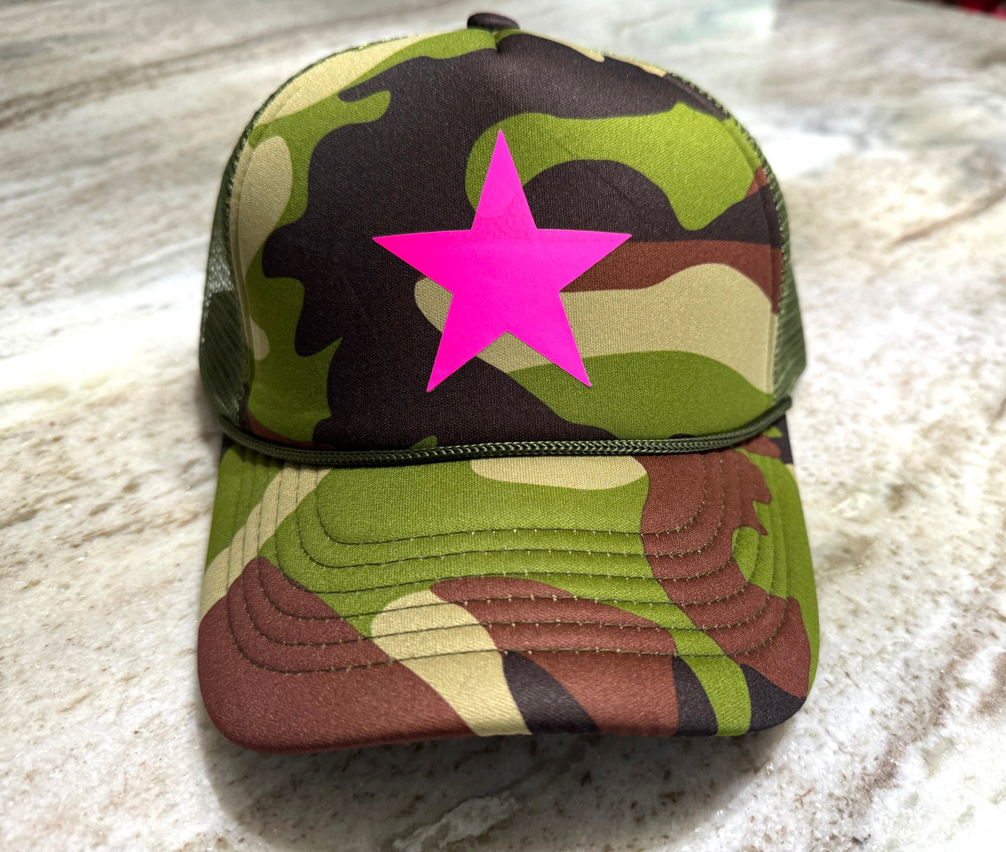 Bold & Bright | Camo Trucker Hat with Neon Pink Star Graphic