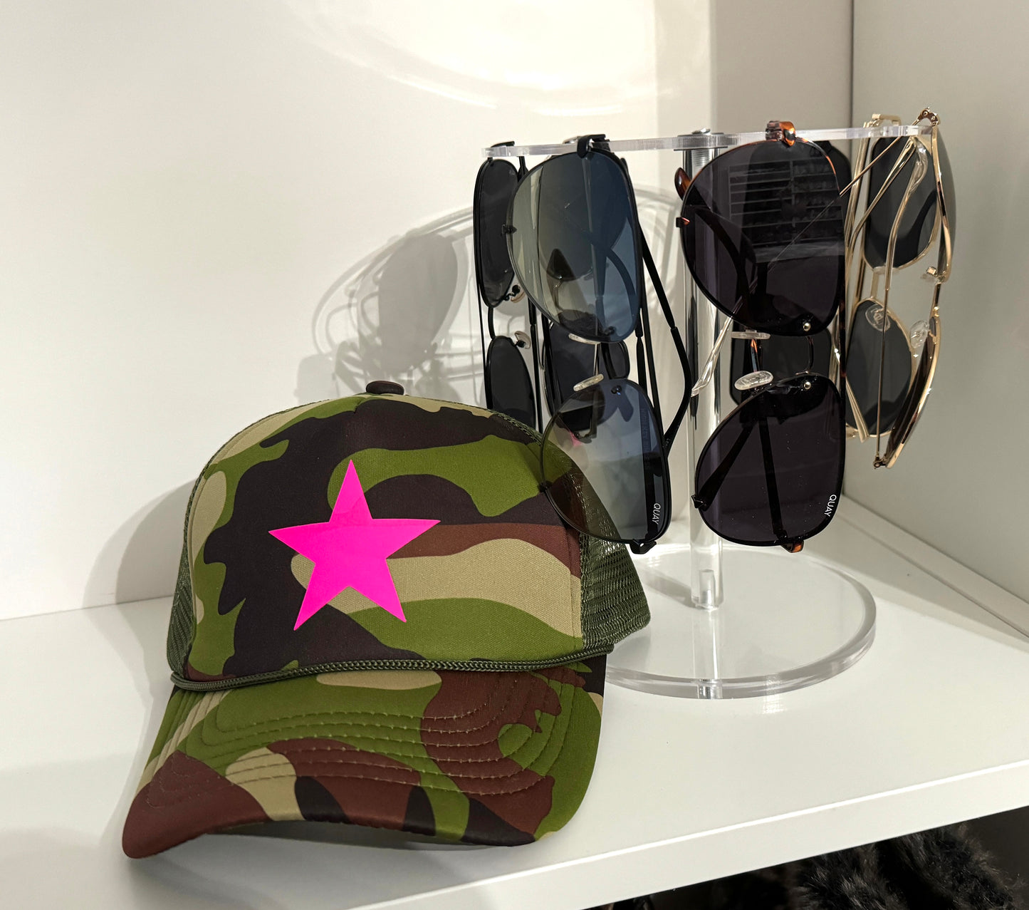 Bold & Bright | Camo Trucker Hat with Neon Pink Star Graphic