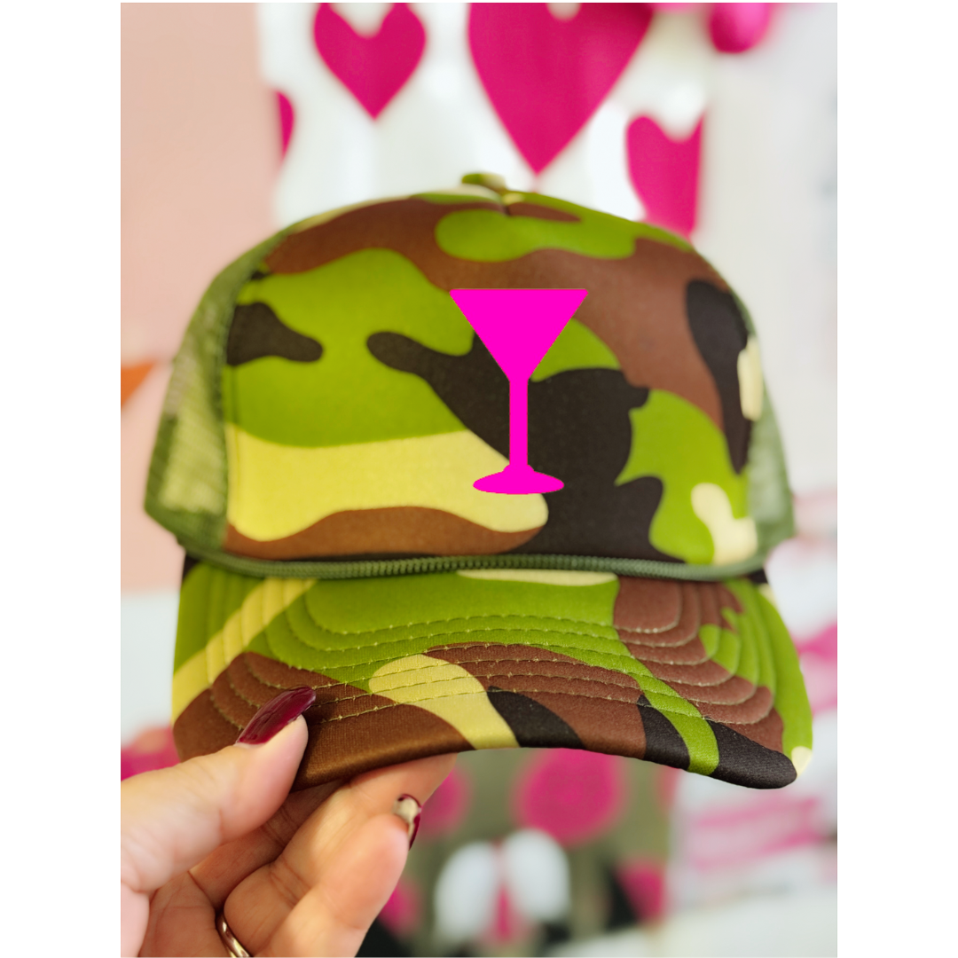 Camo Cocktail Trucker Hat โ Camouflage with Neon Pink Cocktail Glass Graphic