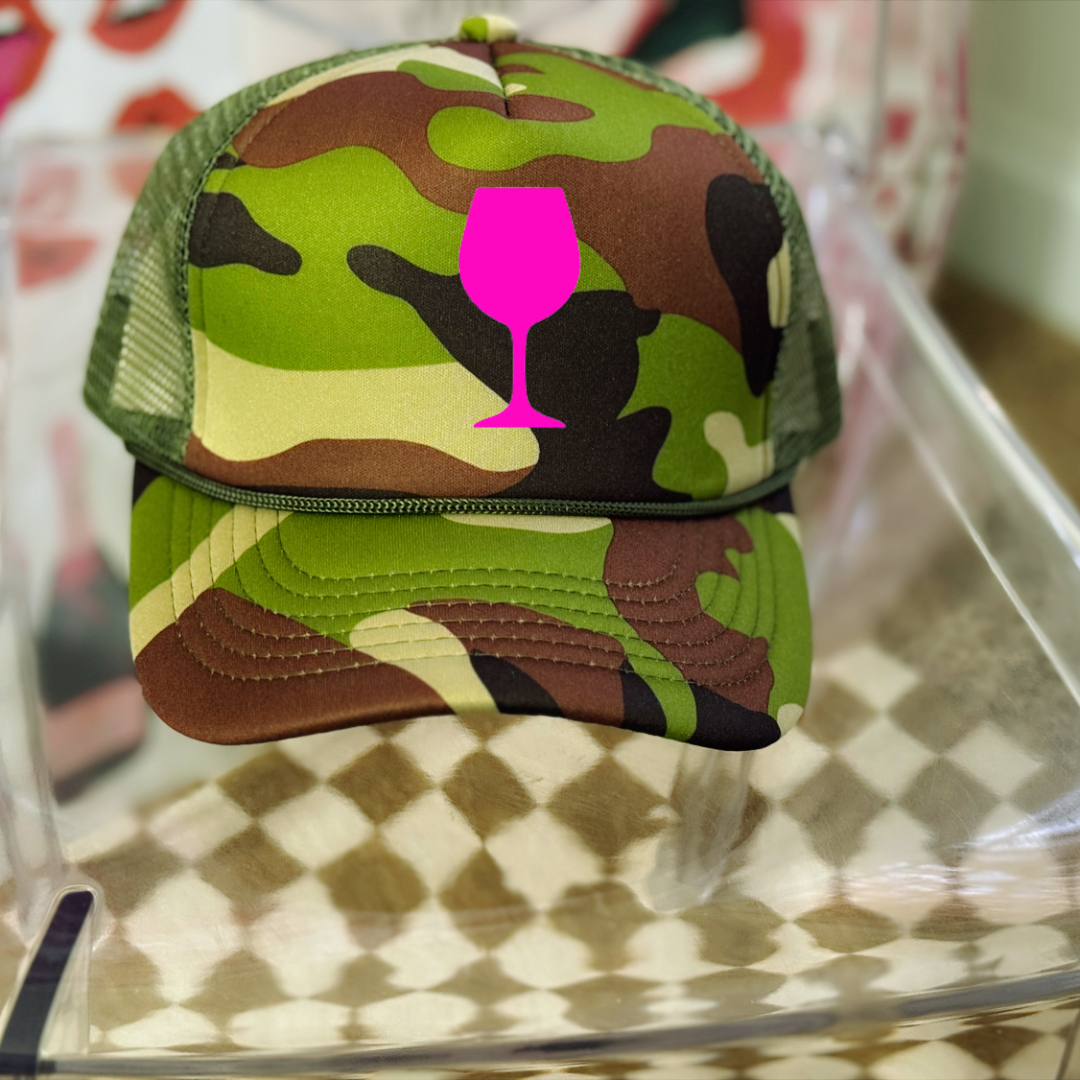 Camo Cocktail Trucker Hat โ Camouflage with Neon Pink Cocktail Glass Graphic