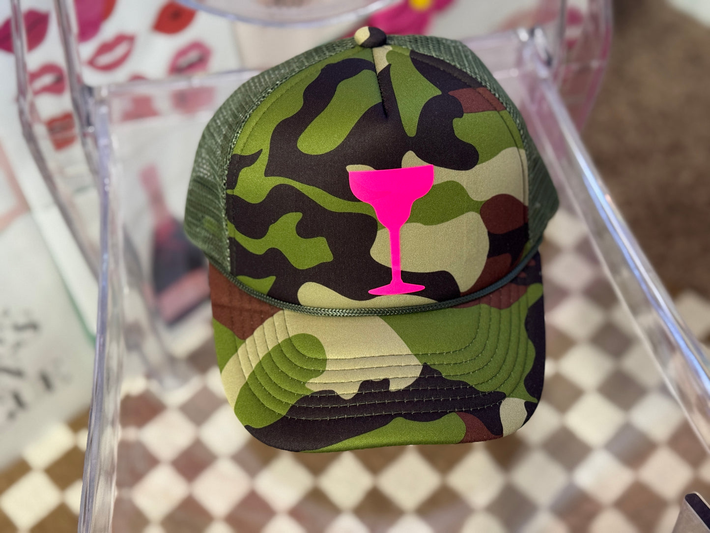 Camo Cocktail Trucker Hat โ Camouflage with Neon Pink Cocktail Glass Graphic