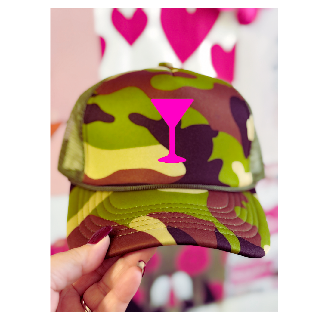 Camo Cocktail Trucker Hat โ Camouflage with Neon Pink Cocktail Glass Graphic