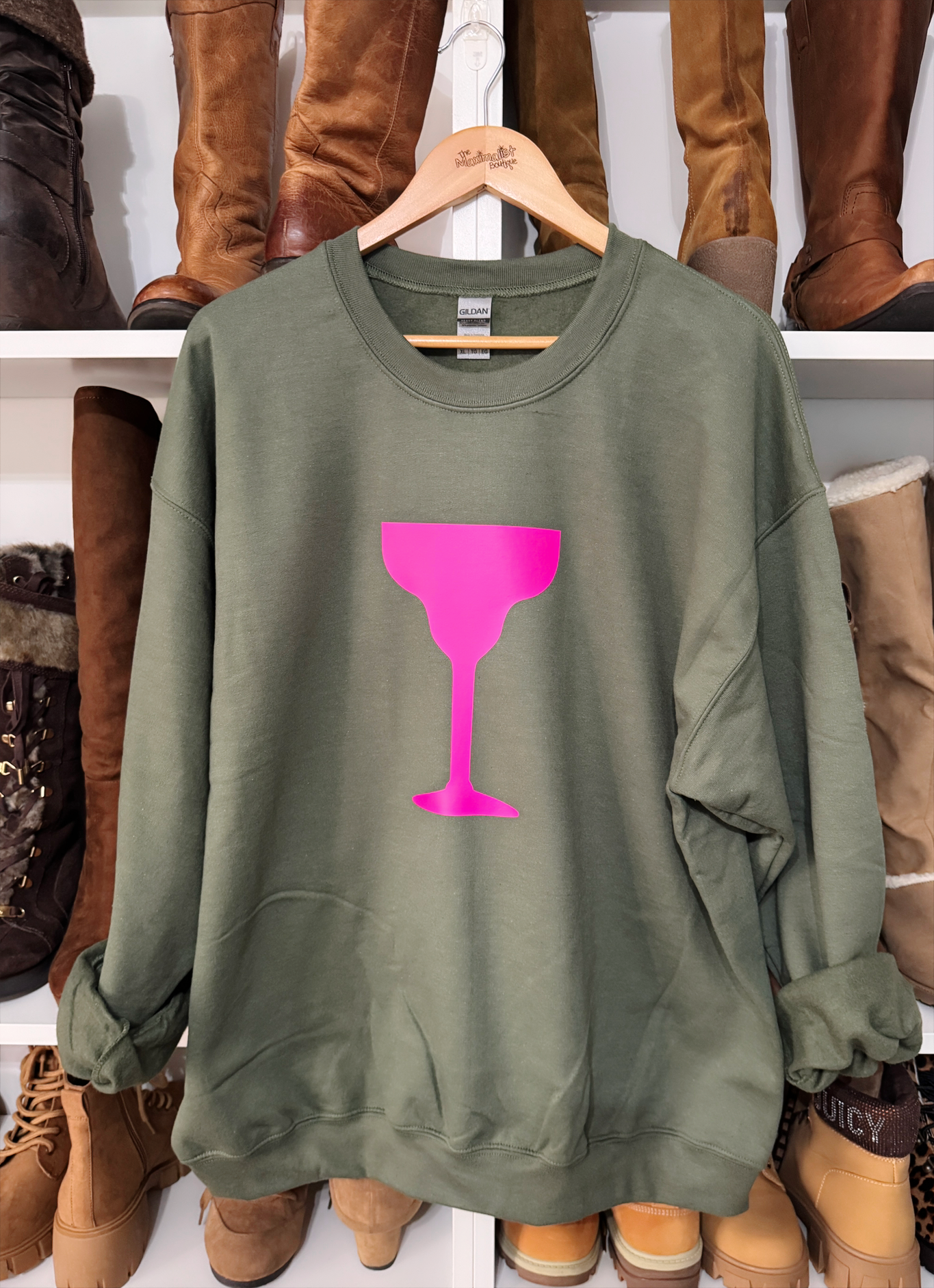 Camo Green Sweatshirt โ Neon Pink Cocktail Glass Graphic from Camo Cocktails Collection