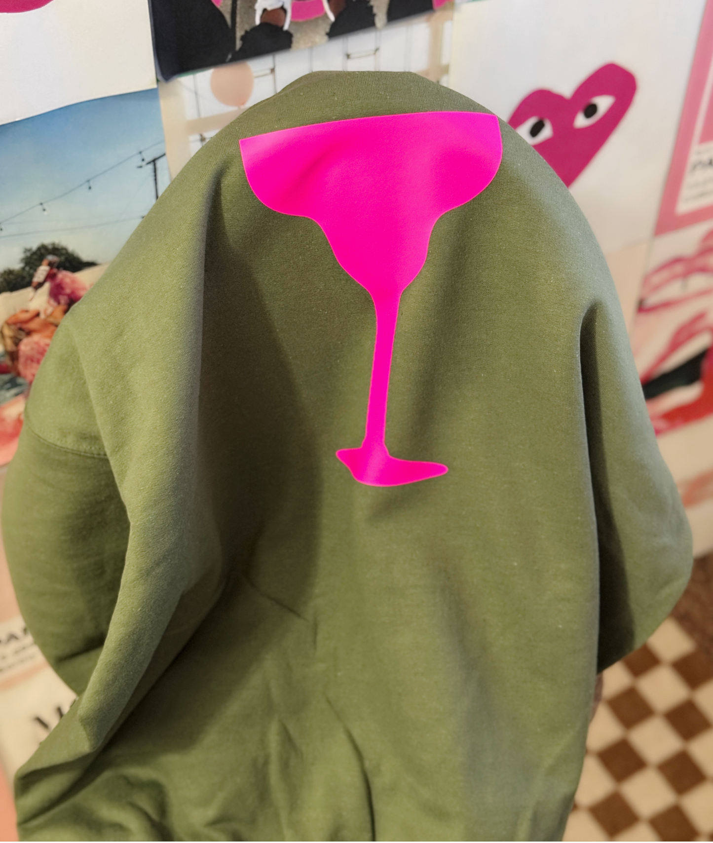 Camo Green Sweatshirt โ Neon Pink Cocktail Glass Graphic from Camo Cocktails Collection
