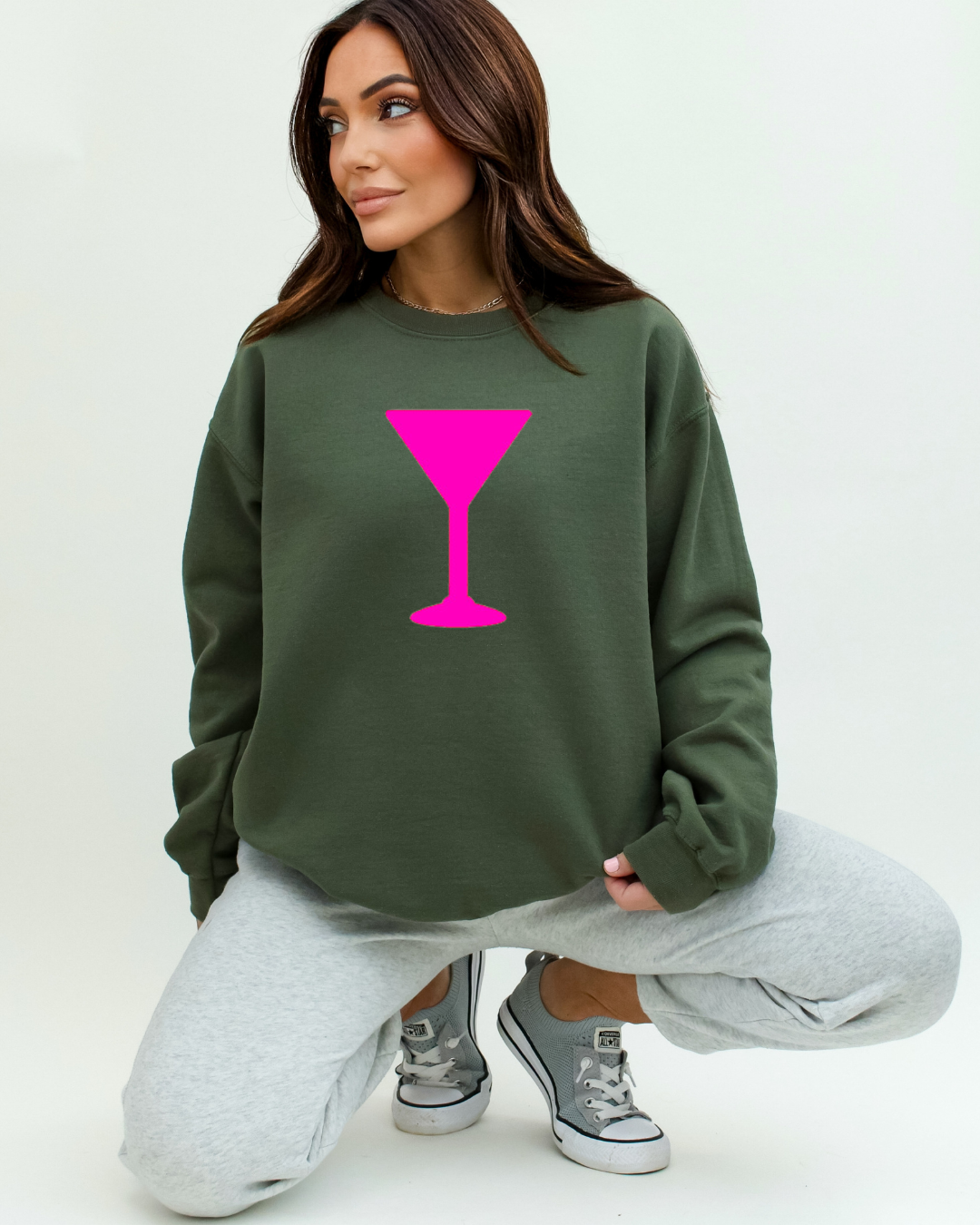 Camo Green Sweatshirt โ Neon Pink Cocktail Glass Graphic from Camo Cocktails Collection