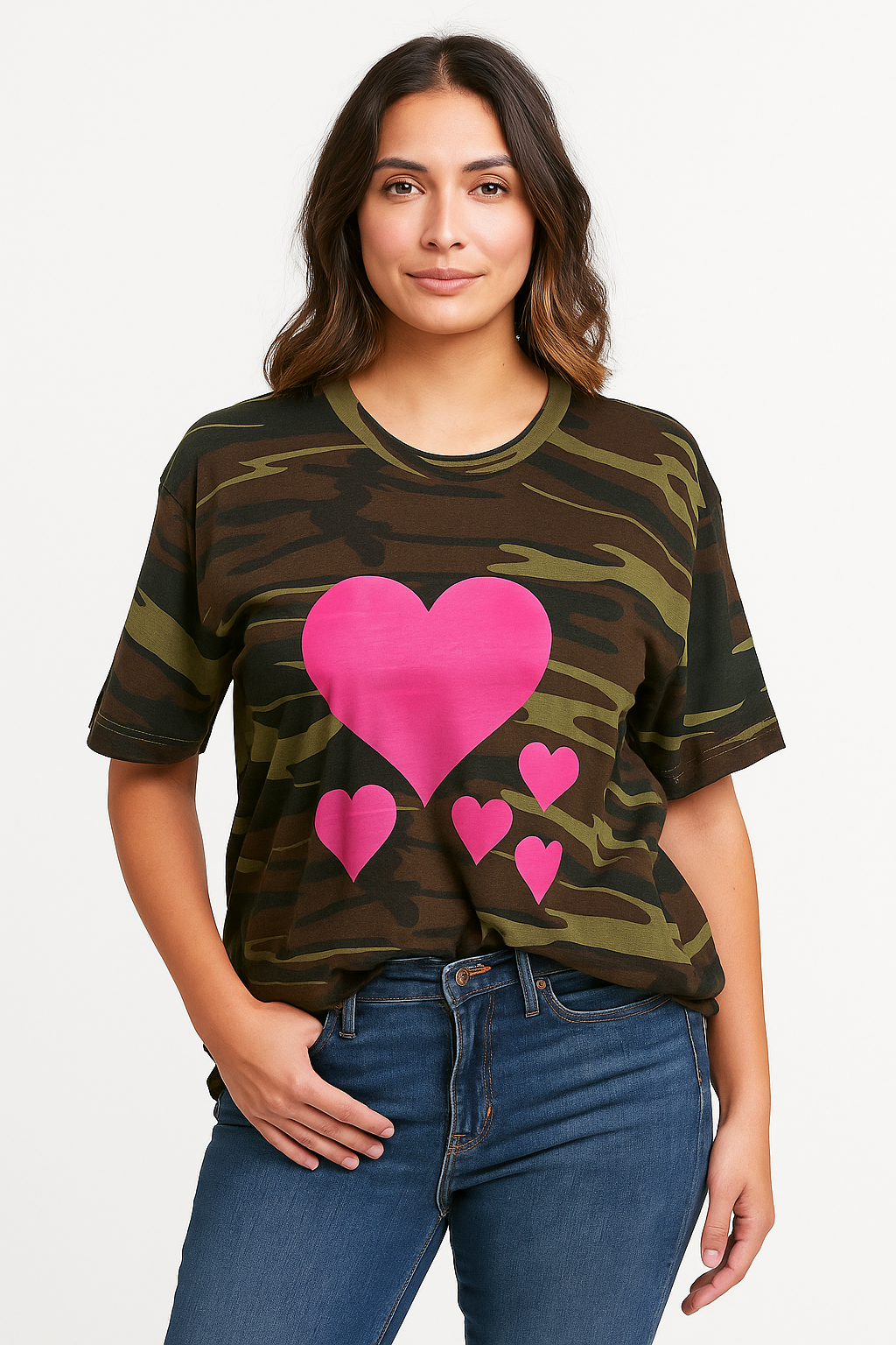 Camo Heart Pop Tee – Camo T-Shirt with Hot Pink Bubble Heart Graphic