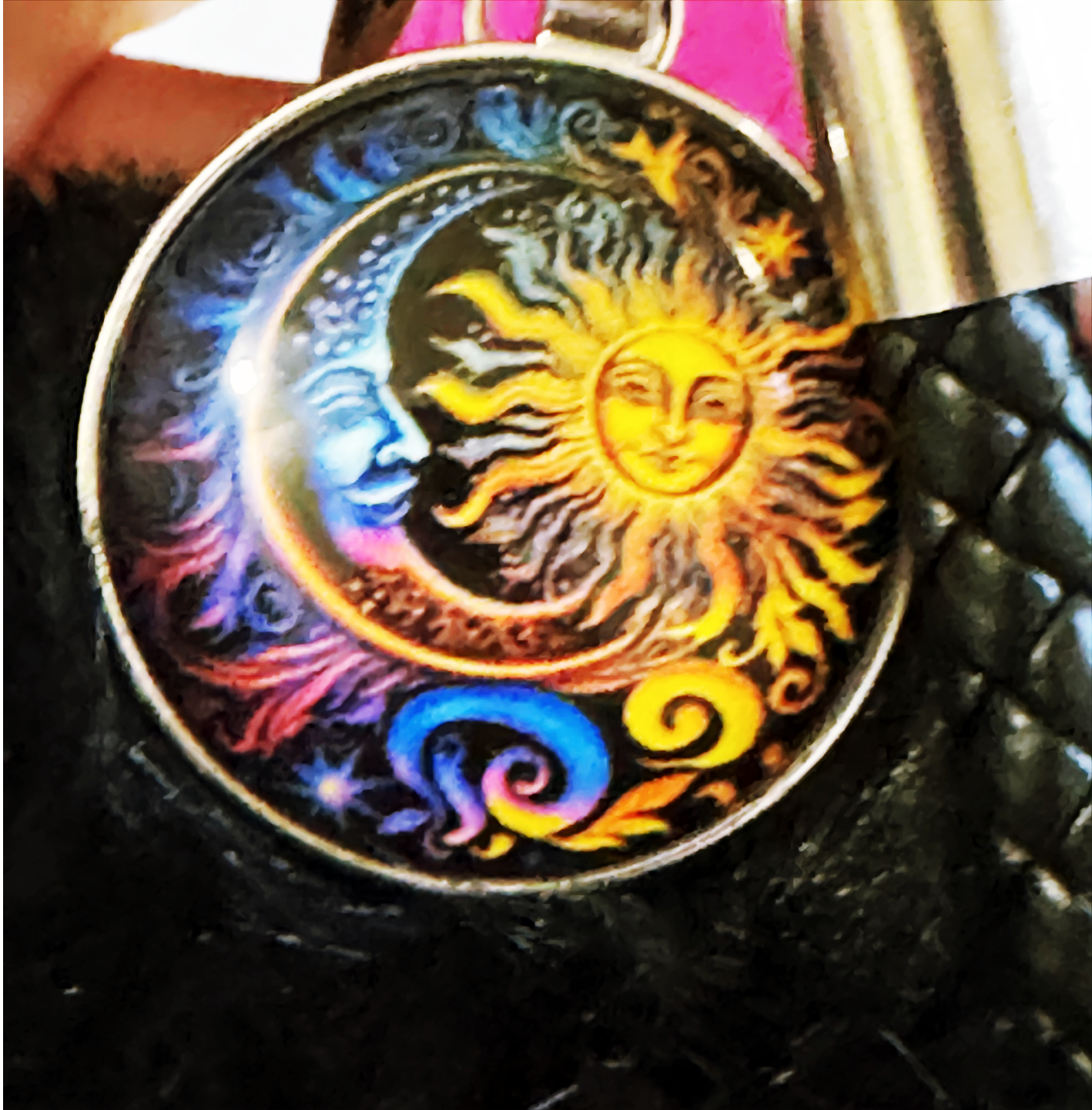 Celestial Charm Keychain – Sun & Moon Design with Black Faux Fur Puff close up