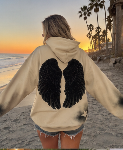 Fallen Angel Hoodie – Hand-Painted Black Wing & Star Mixed-Media Hoodie