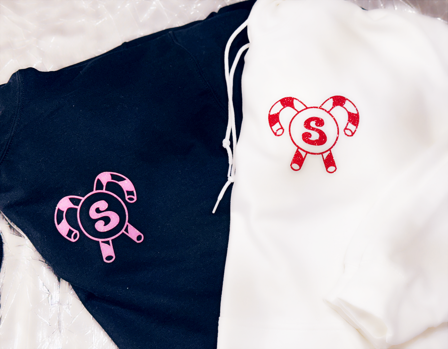 Festive & Cozy | Candy Cane Hoodie in White or Black with Glitter Designs