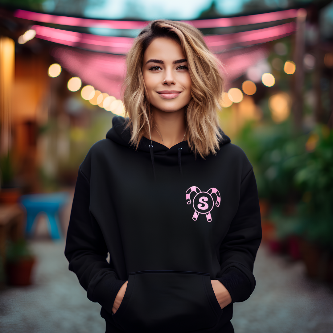 Festive & Cozy | Candy Cane Hoodie in White or Black with Glitter Designs on model