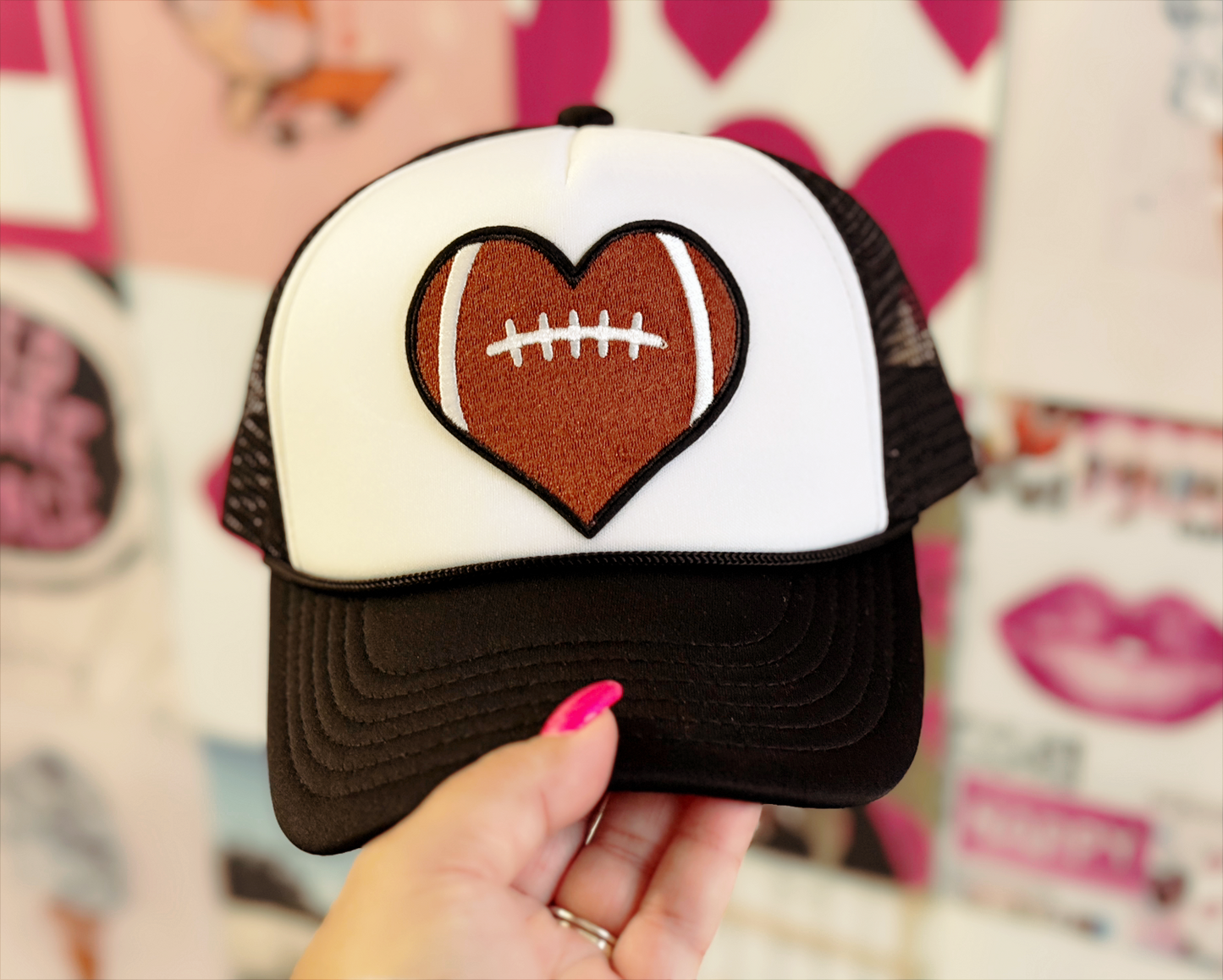 Game Day Chic | Black & White Trucker Hat with Heart-Shaped Football Patch
