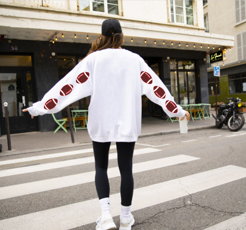 Game Day Ready | White Sweatshirt with Bold Football Sleeve Graphics