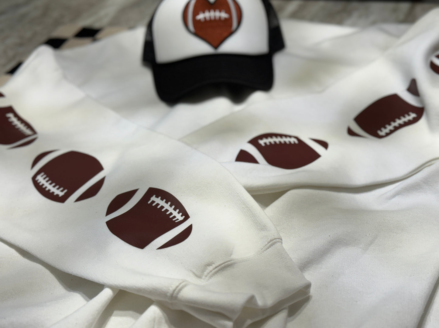 Game Day Ready | White Sweatshirt with Bold Football Sleeve Graphics