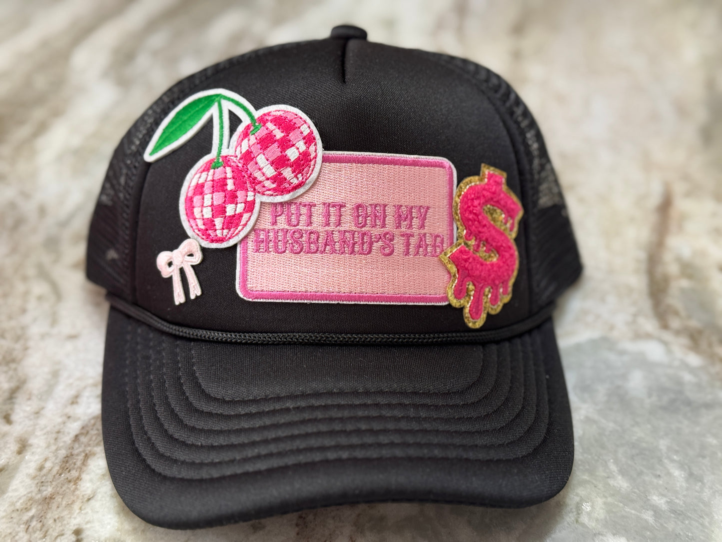 Glam & Sass | Black Trucker Hat with Pink "Put It on My Husband's Tab" & Chic Graphics