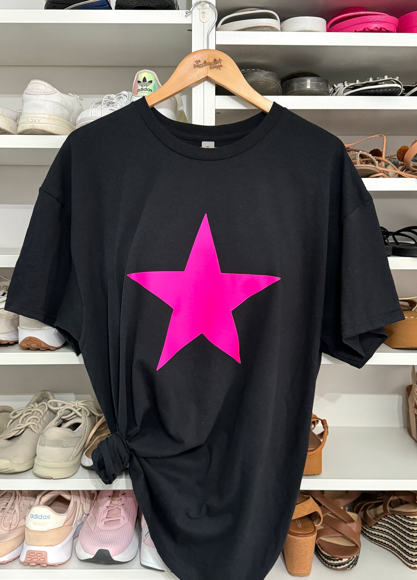 Glow Star Tee – Black T-Shirt with Neon Pink Glow-in-the-Dark Star Graphic