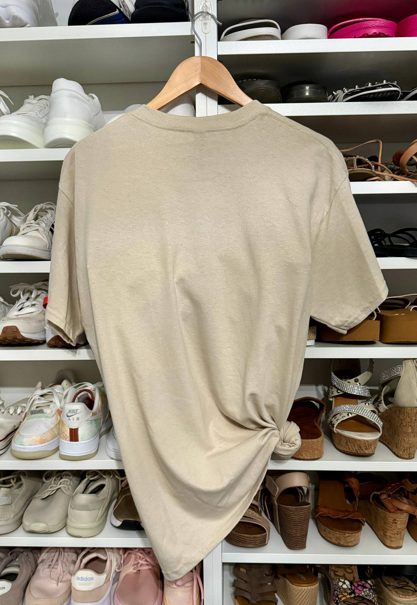 Grateful & Stylish | Sand-Colored Tee with "More Gratitude Less Attitude" Graphic