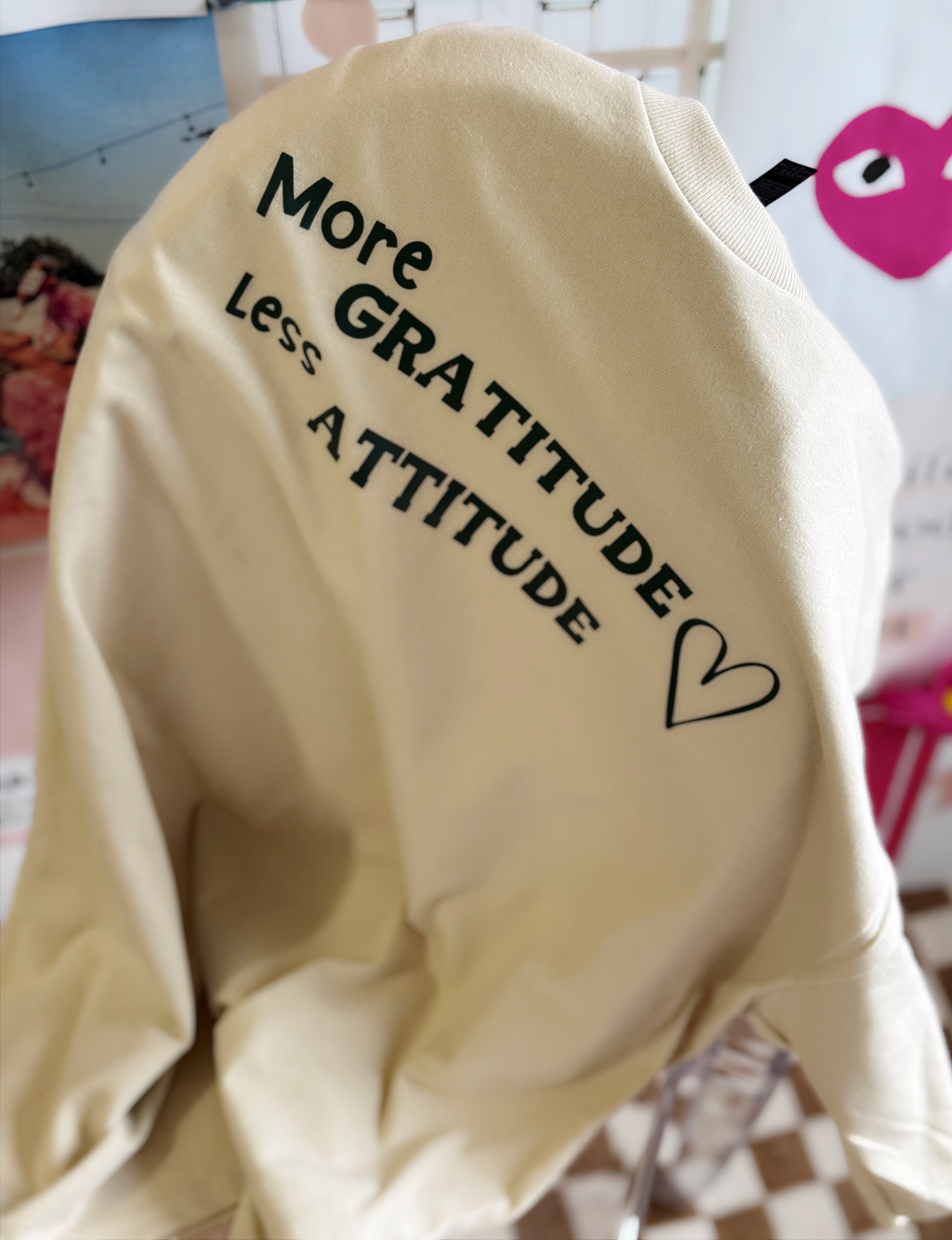 Grateful & Stylish | Sand-Colored Tee with "More Gratitude Less Attitude" Graphic