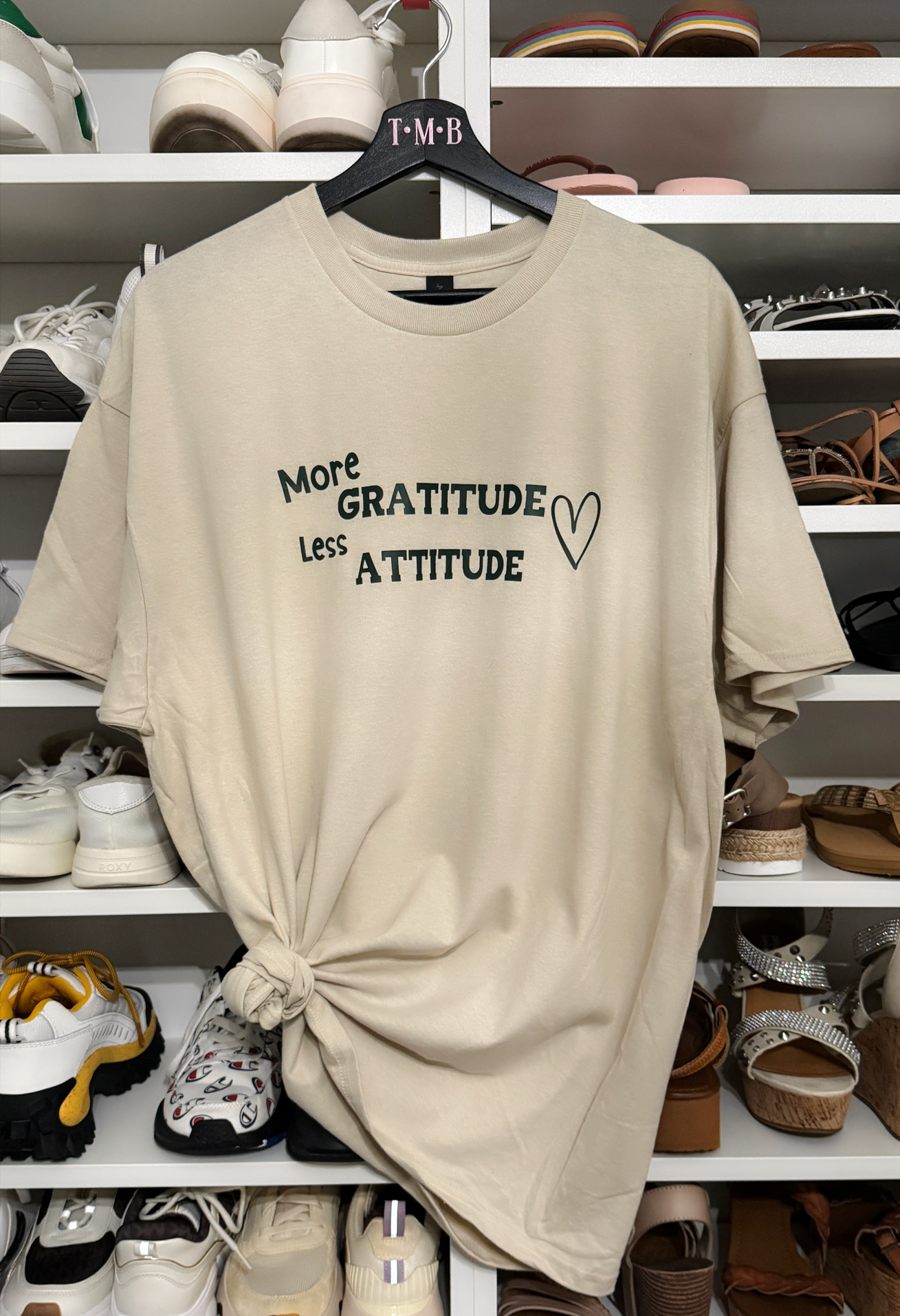 Grateful & Stylish | Sand-Colored Tee with "More Gratitude Less Attitude" Graphic