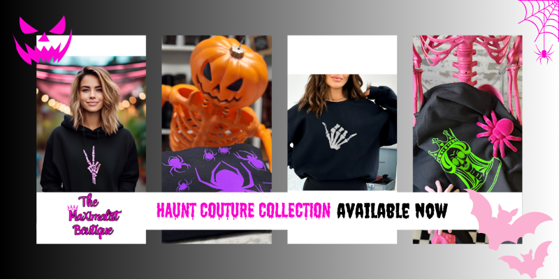 Promotional image for 'The Haunt Couture Collection' with people wearing black hoodies featuring colorful designs.