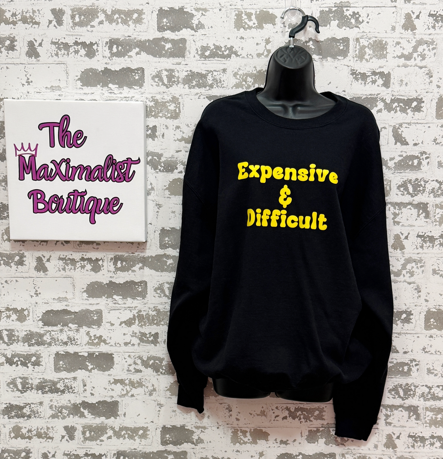Expensive & Difficult Sweatshirt – Black Pullover with Bold Yellow Statement Graphic