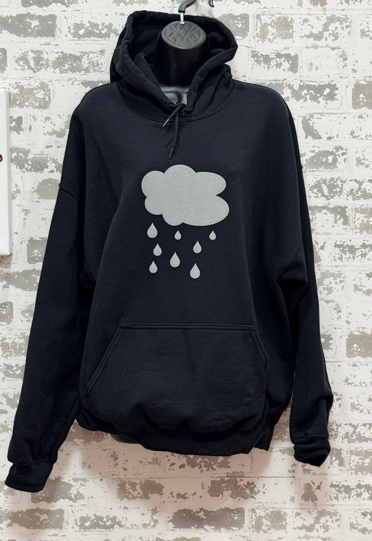 Rainy Days Hoodie – Black Pullover with Gray Rain Cloud Graphic for Cozy, Calm Style