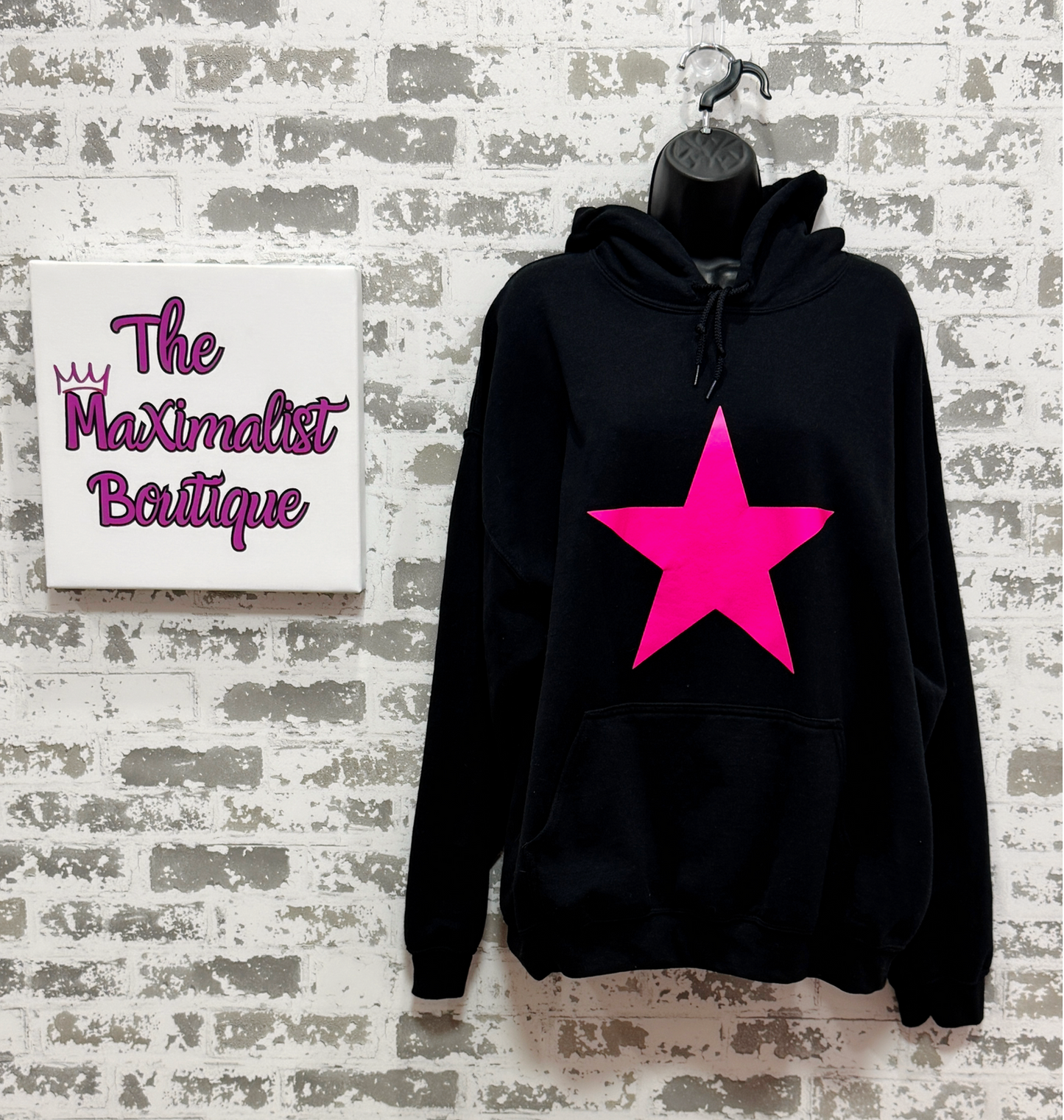 Neon Pink Star Hoodie – Black Pullover with Bold Graphic for Bright, Cozy Style