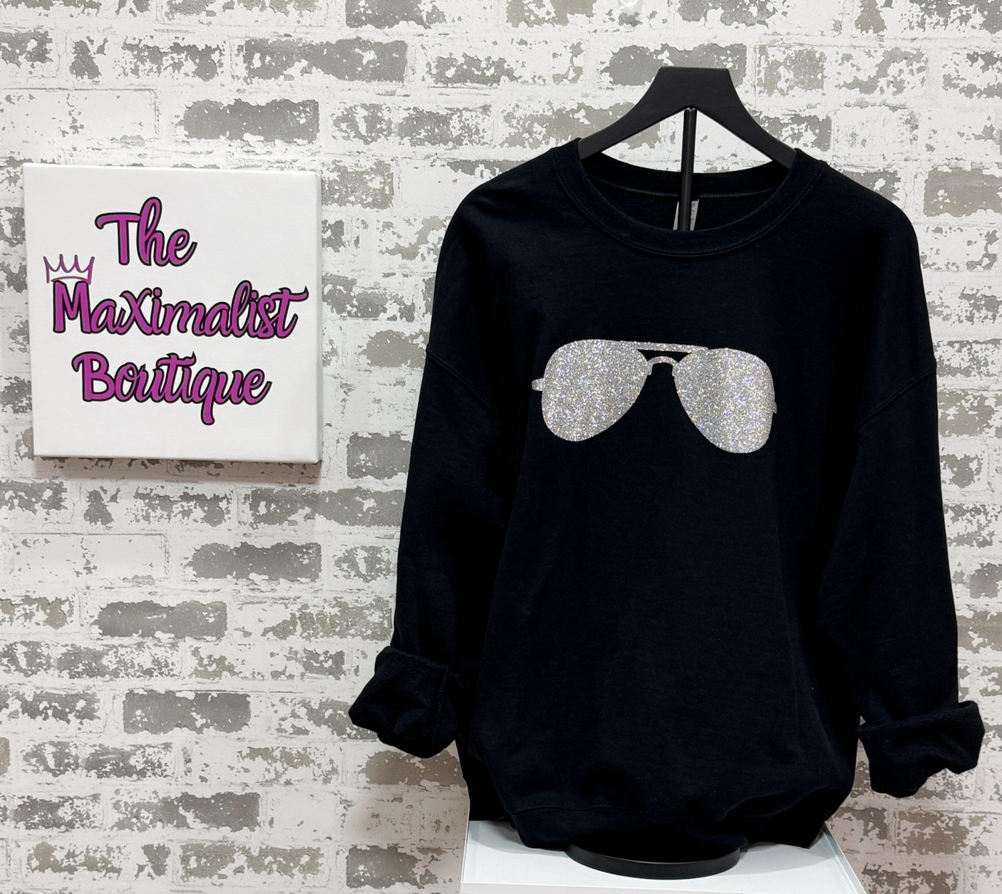 The Shady Sweatshirt – Black Pullover with Glitter Aviator Sunglasses Graphic for Bold Urban Style