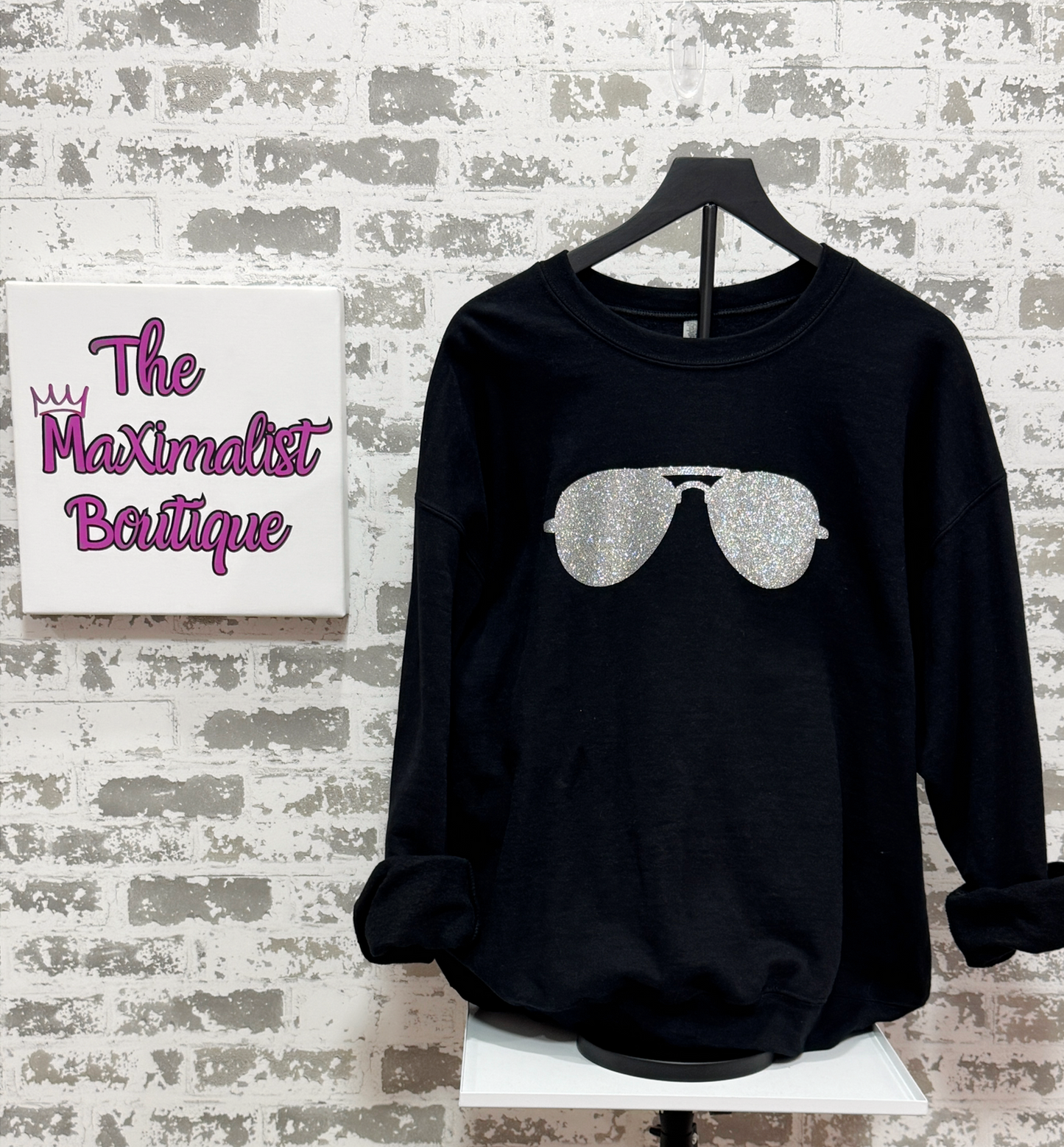 The Shady Sweatshirt – Black Pullover with Glitter Aviator Sunglasses Graphic for Bold Urban Style