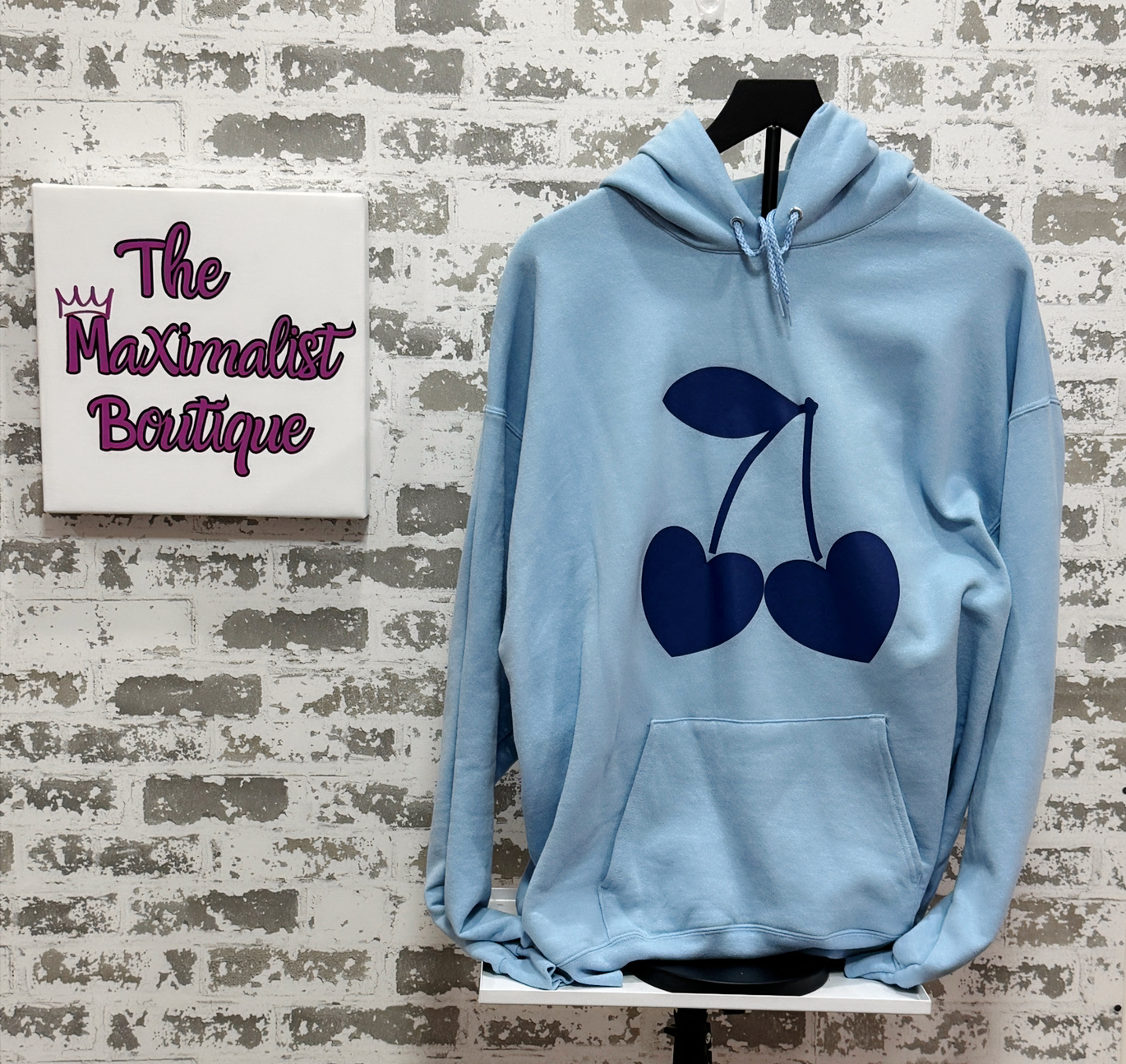 Sweetheart Cherries Hoodie β Light Blue Pullover with Heart-Shaped Cherry Graphic for Cute Cozy Style