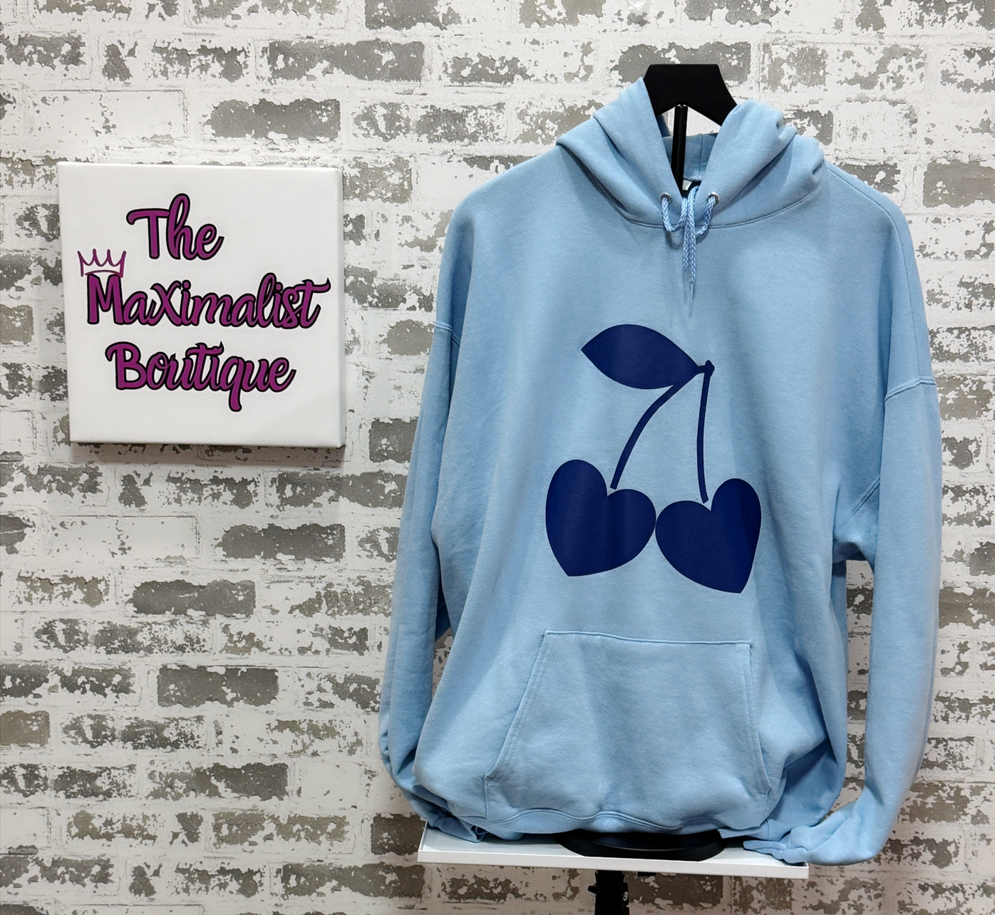 Sweetheart Cherries Hoodie β Light Blue Pullover with Heart-Shaped Cherry Graphic for Cute Cozy Style