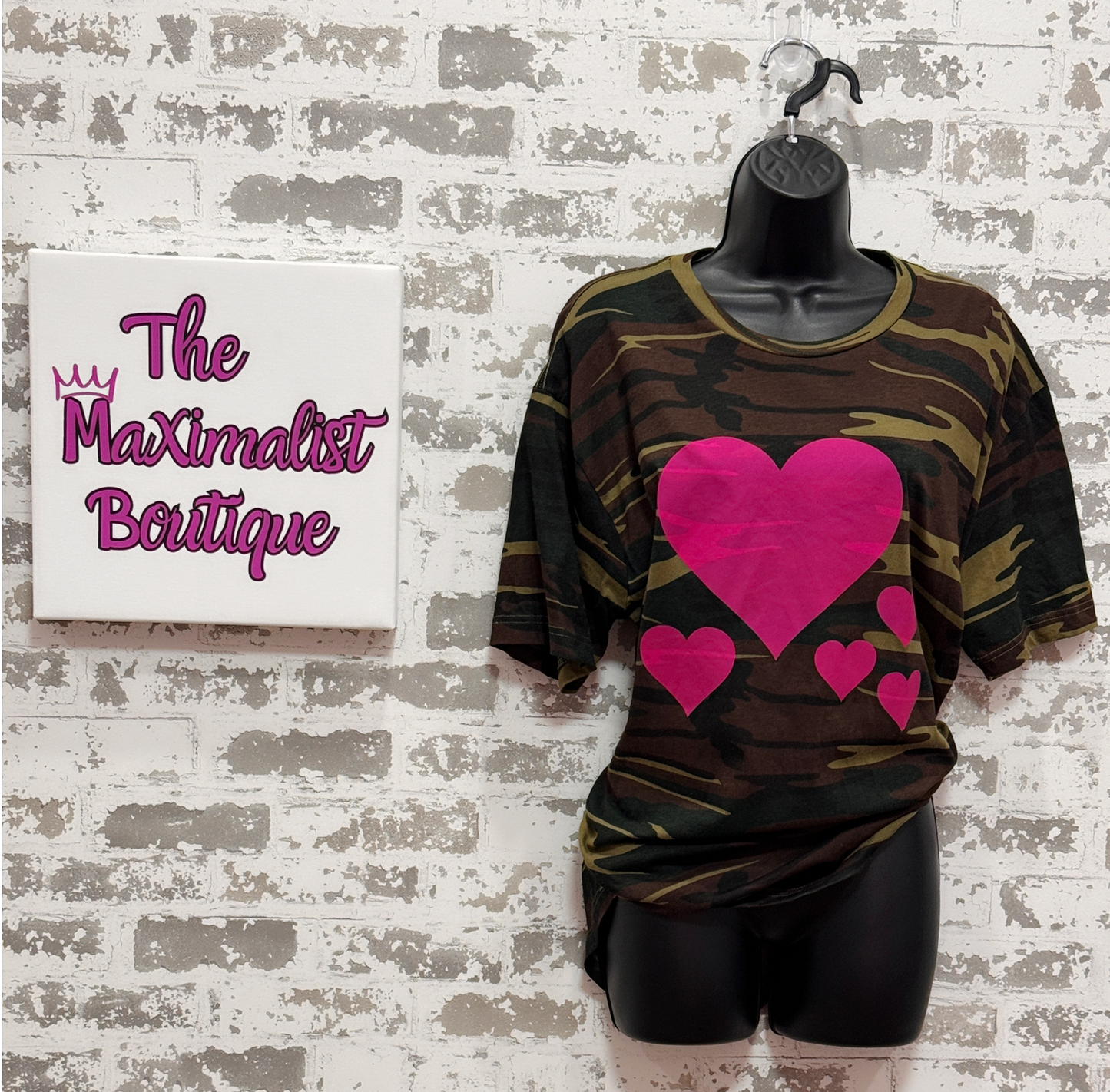 Camo Heart Pop Tee – Camo T-Shirt with Hot Pink Bubble Heart Graphic