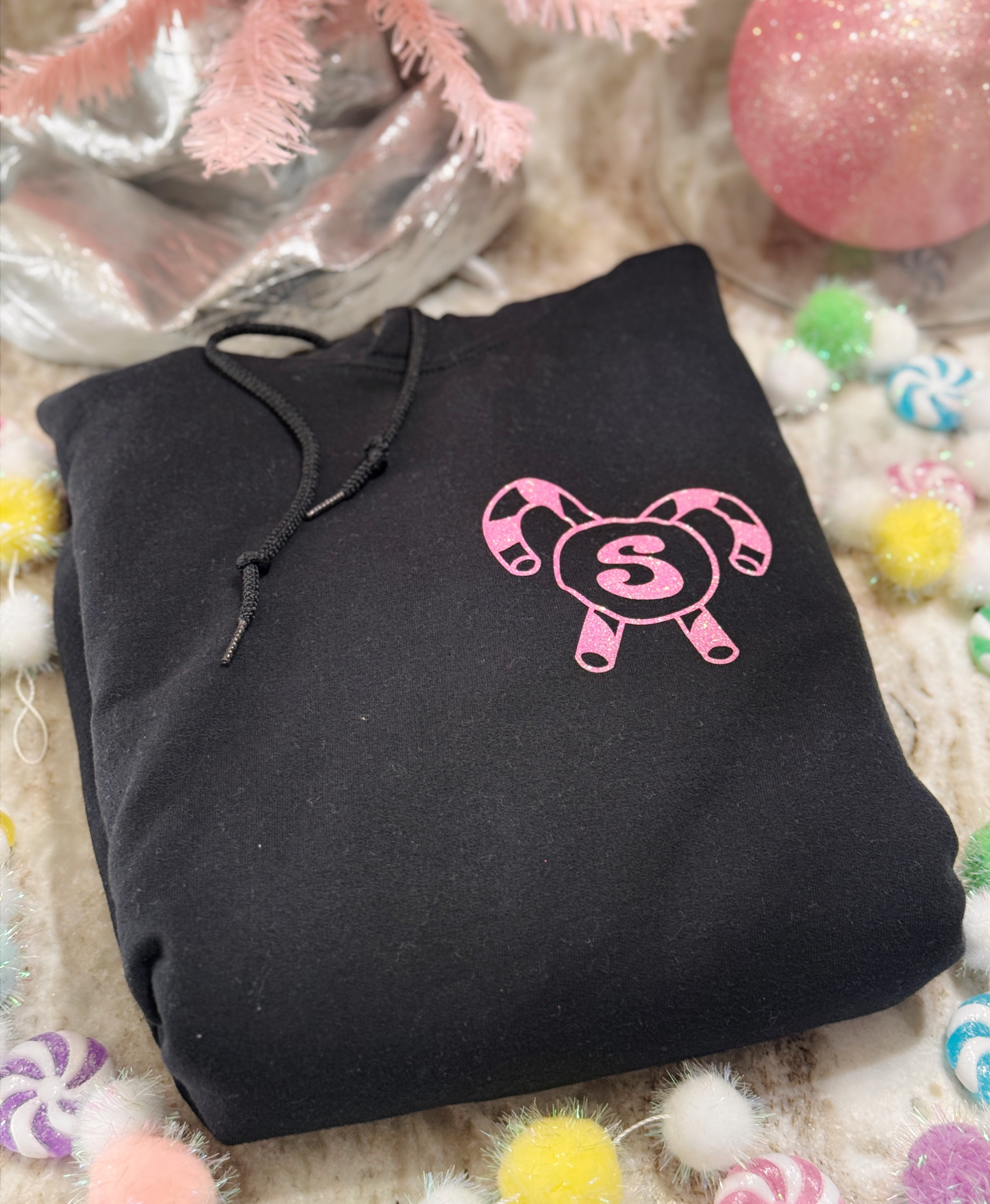 Candy Cane Lane Monogrammed Hoodie – White or Black Pullover with Glitter Monogram & Candy Cane Graphic