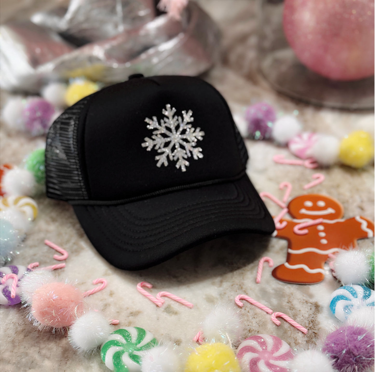 Snowflake Trucker Hat – Black Cap with Silver Glitter Snowflake for Bold Winter Style
