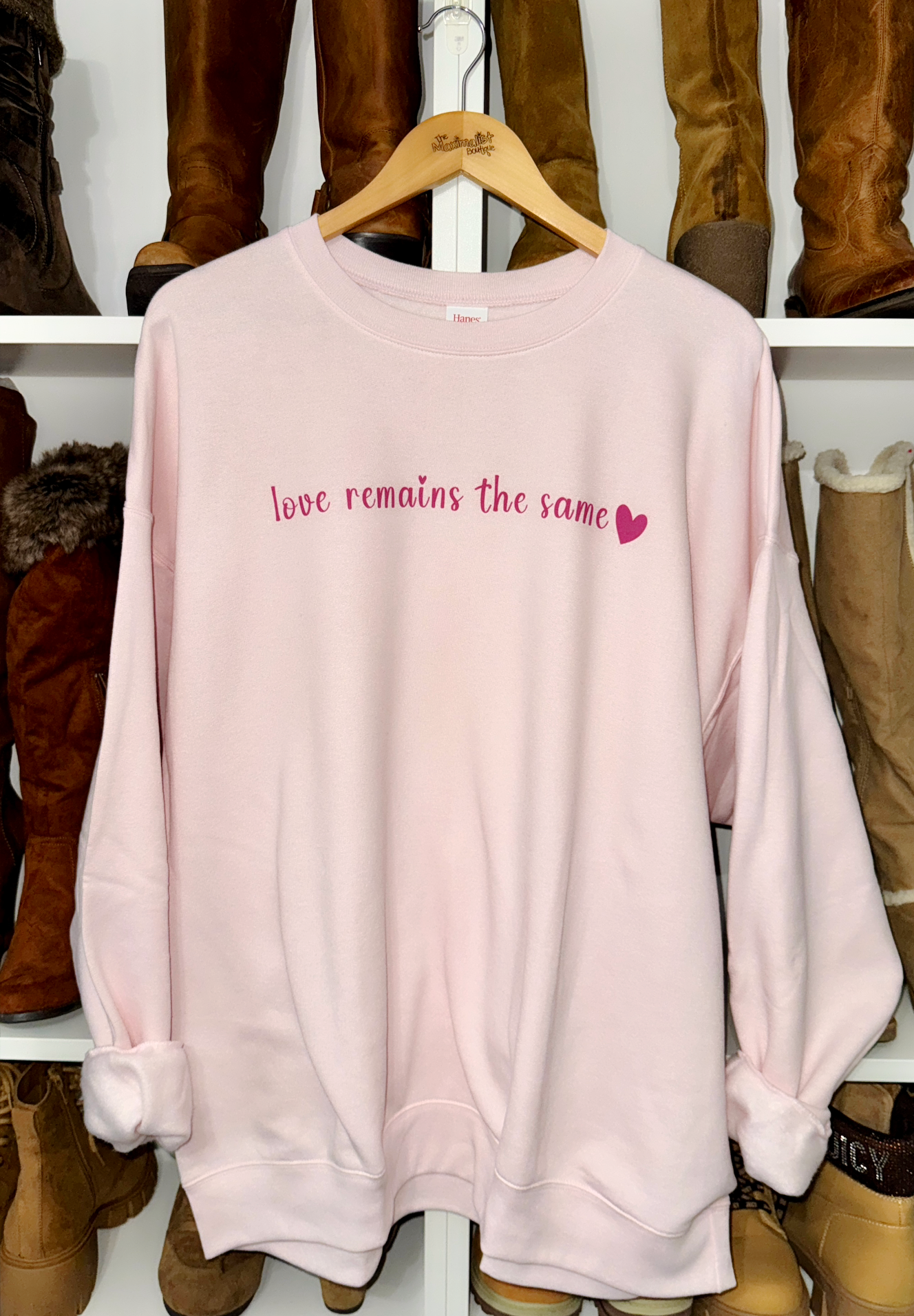 Light Pink Sweatshirt – Soft Pink Love Remains the Same Graphic, Cozy & Chic