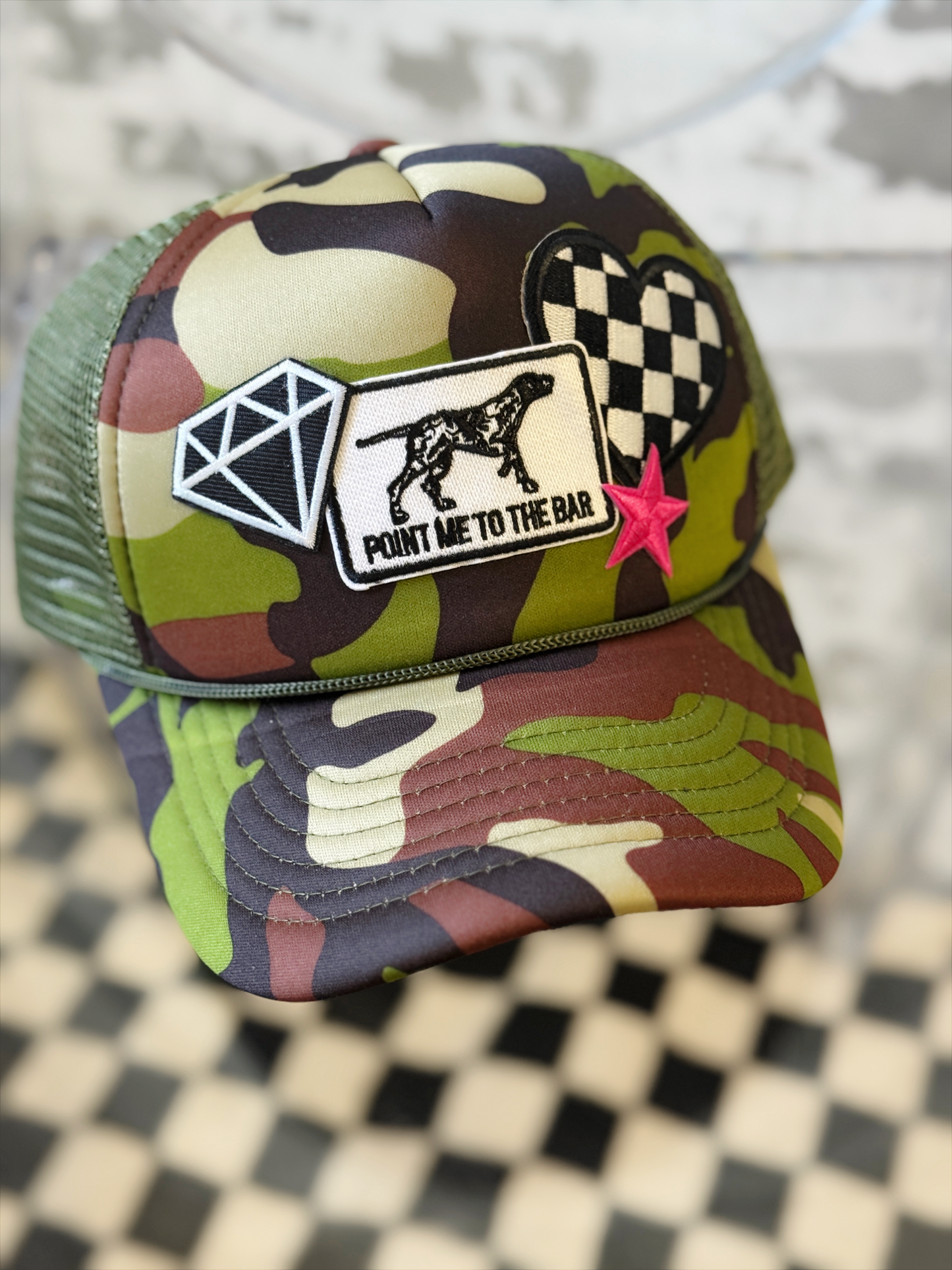 Night Out Trucker Hat – Camo Patch Hat with Pointer Dog | The Maximalist Boutique