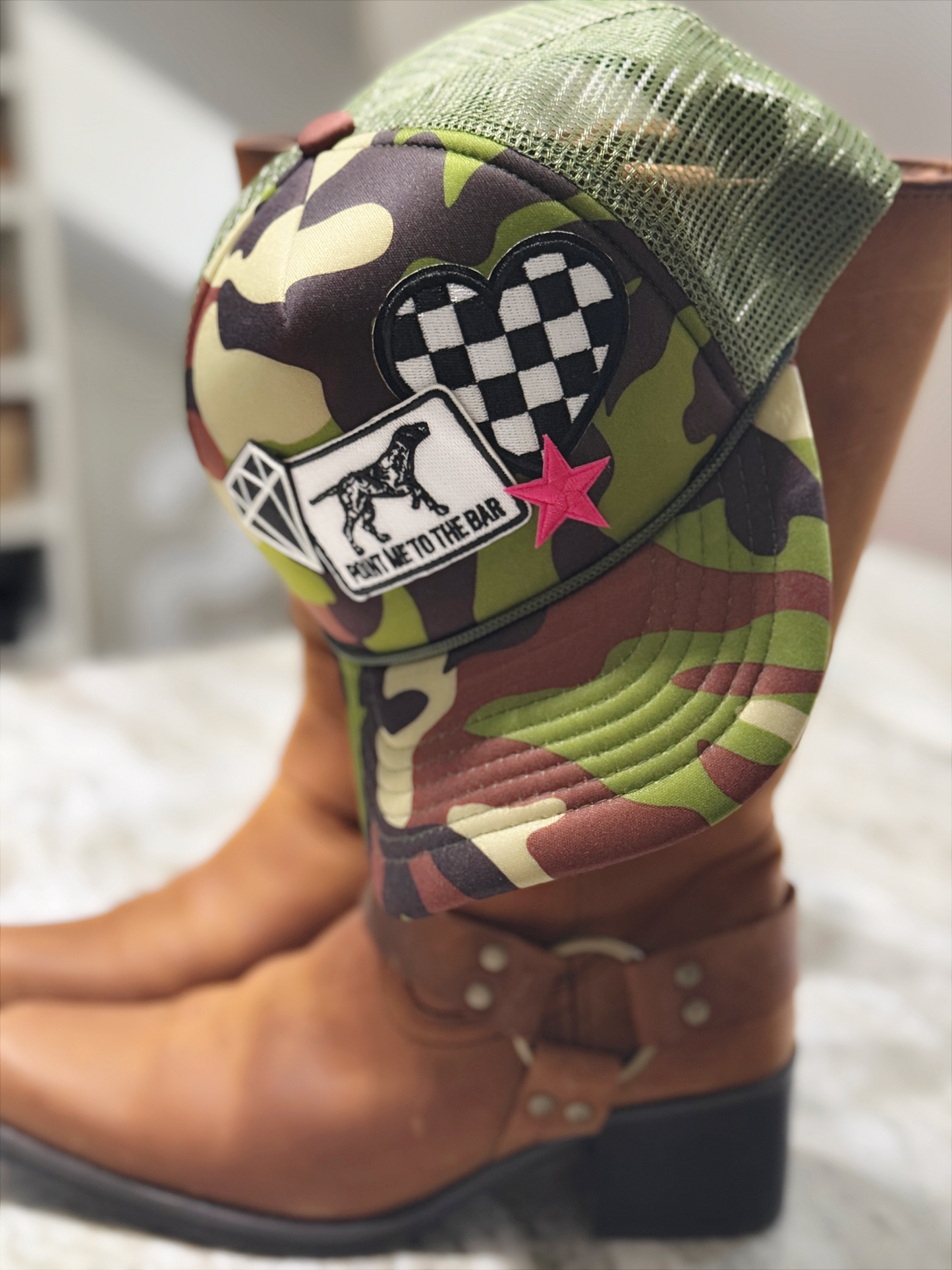 Night Out Trucker Hat – Camo Patch Hat with Pointer Dog | The Maximalist Boutique