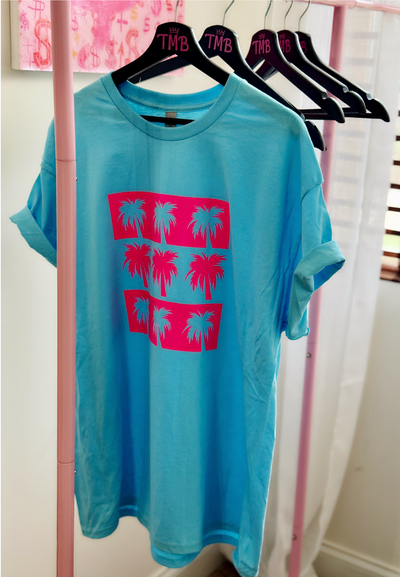 Palm Pop Tee – Turquoise Neon Pink Palm Tree Graphic T-Shirt