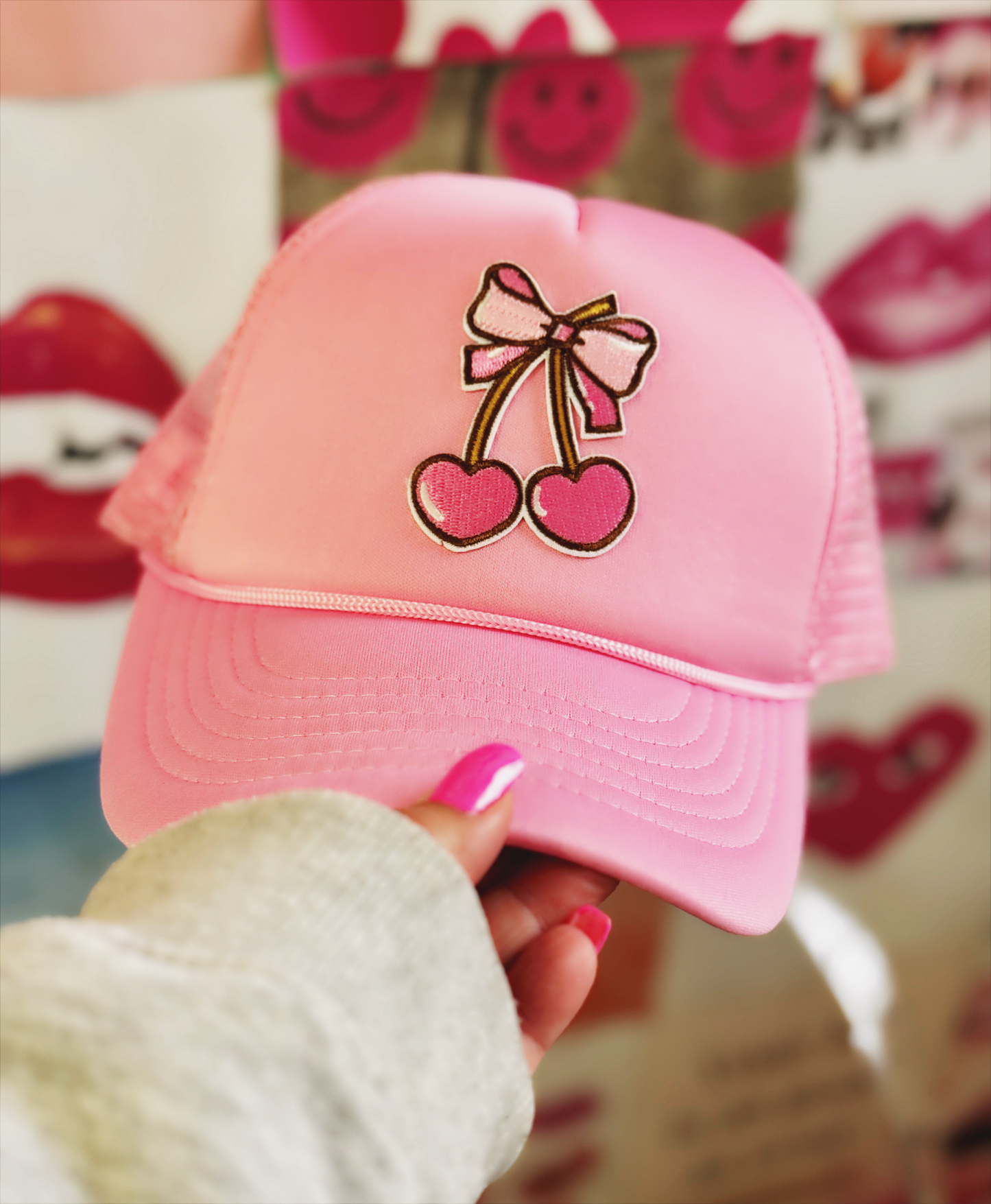 Pink Cherries Trucker Hat – Light Pink with Cute Cherry Patch for Sweet, Playful Style