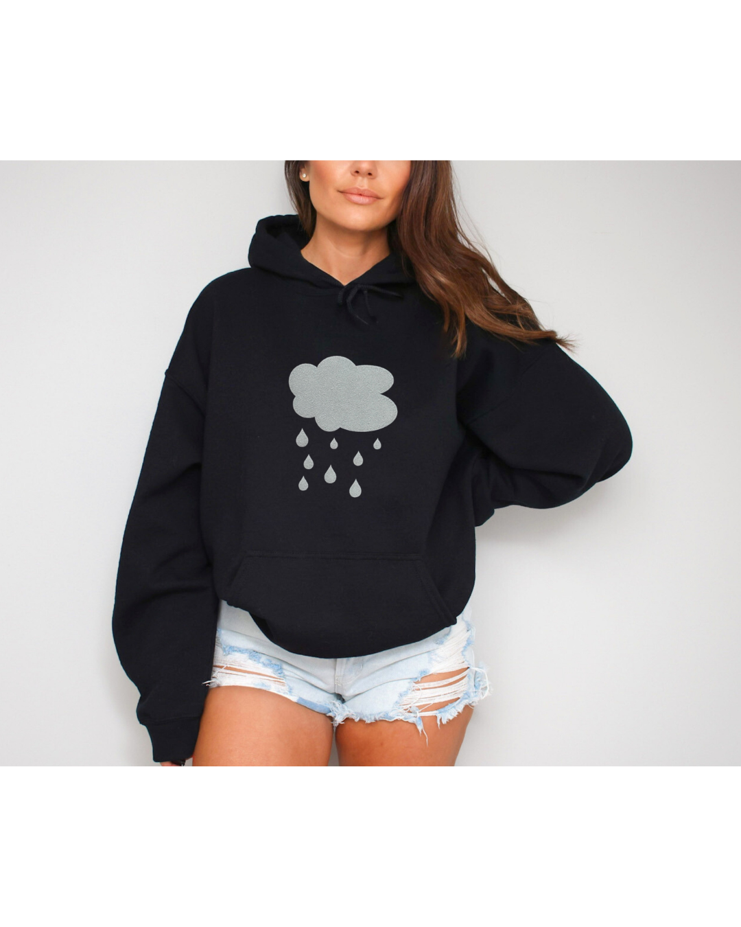 Rainy Days Hoodie – Black Pullover with Gray Rain Cloud Graphic for Cozy, Calm Style